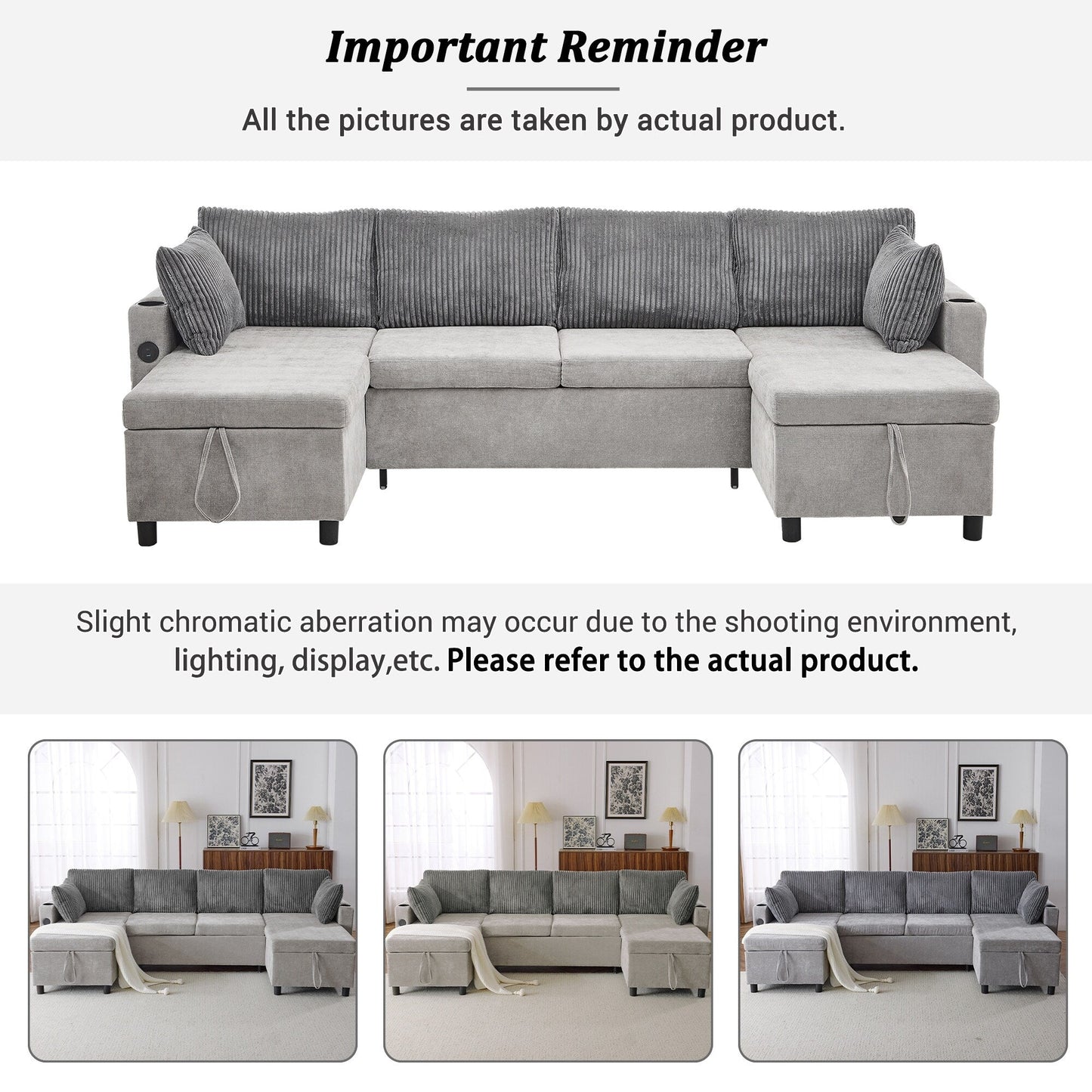 Multifunctional Sectional Sofa Bed with Pull-Out Sleeper, Dual Storage Chaises, USB Ports and Cup Holders for Living Room