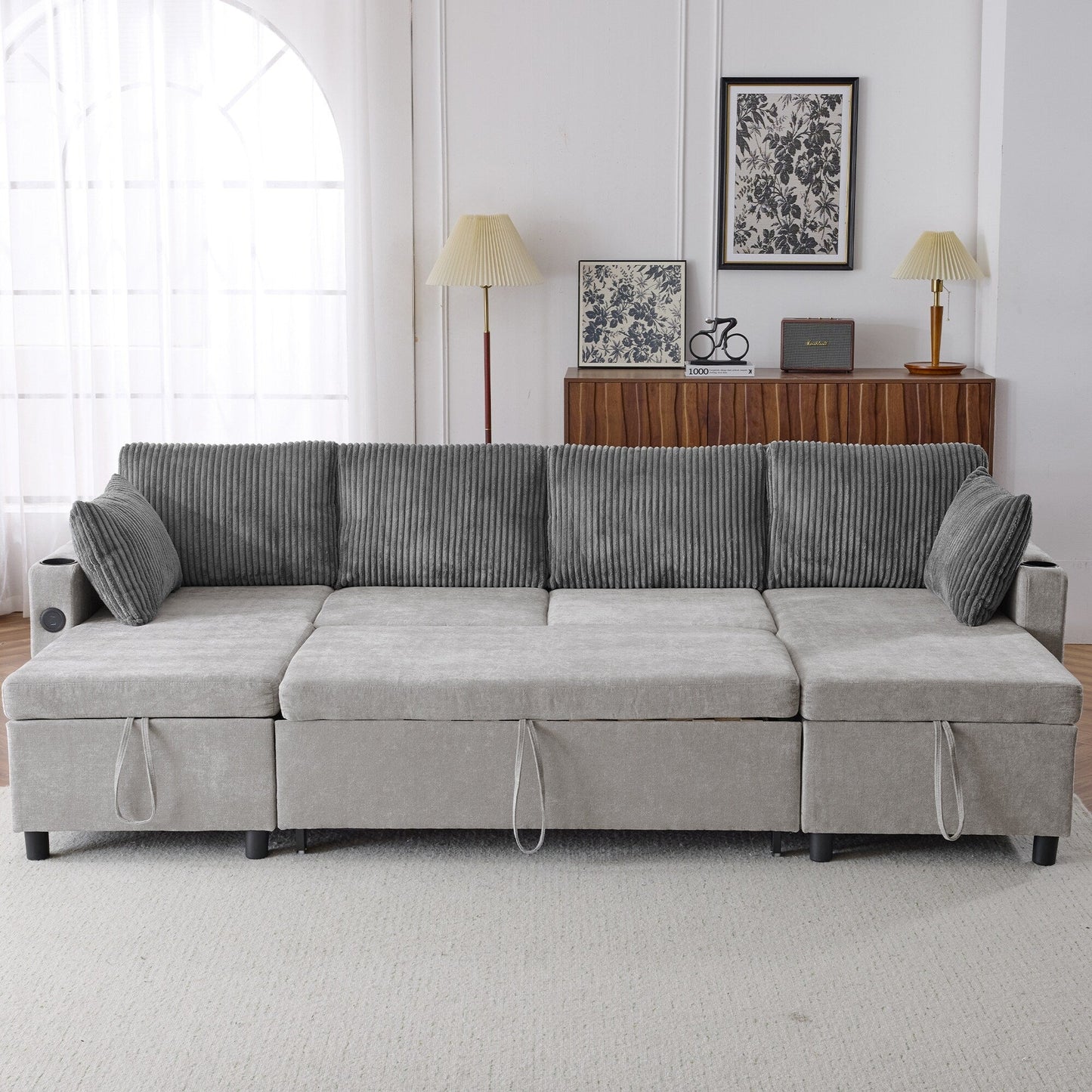 Multifunctional Sectional Sofa Bed with Pull-Out Sleeper, Dual Storage Chaises, USB Ports and Cup Holders for Living Room