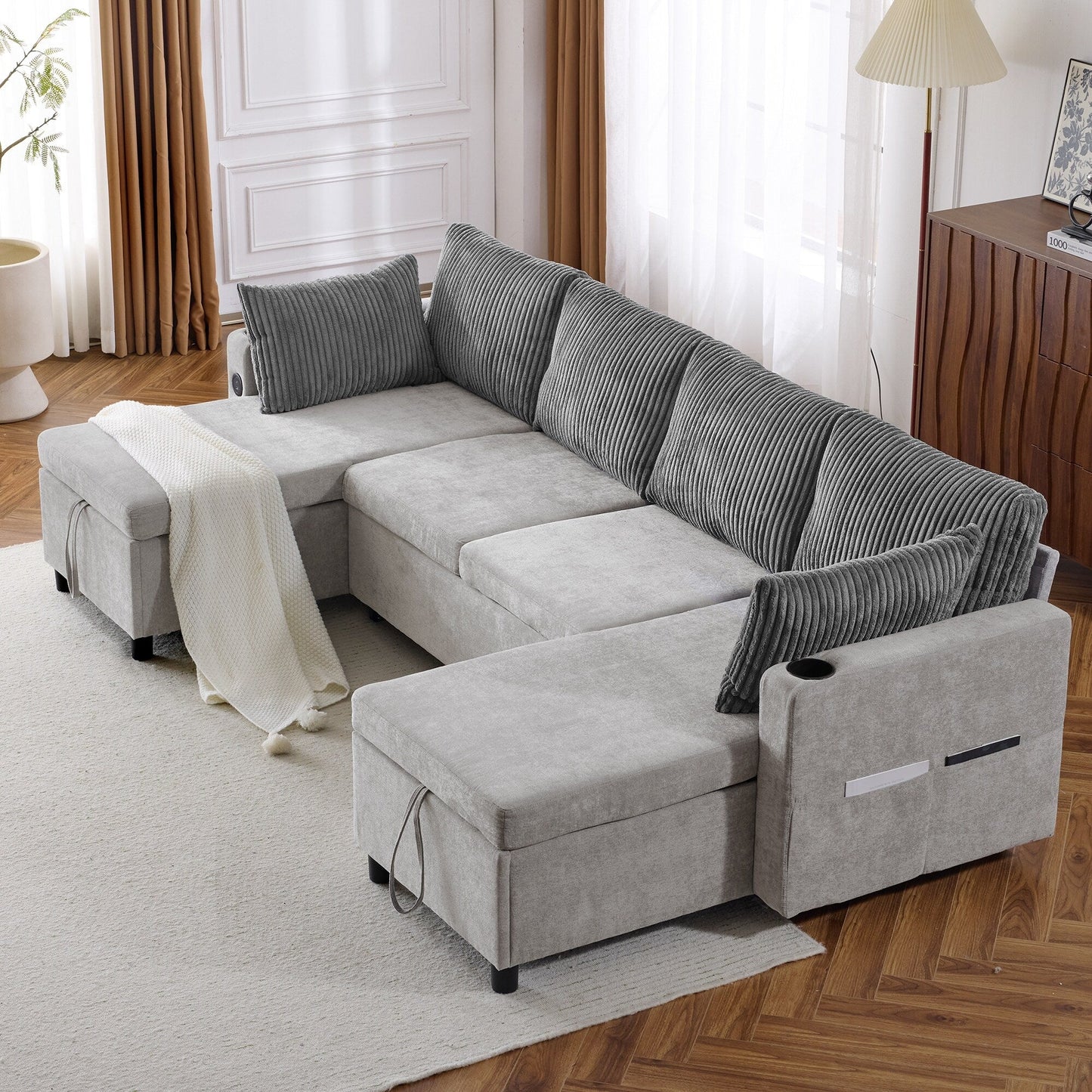 Multifunctional Sectional Sofa Bed with Pull-Out Sleeper, Dual Storage Chaises, USB Ports and Cup Holders for Living Room