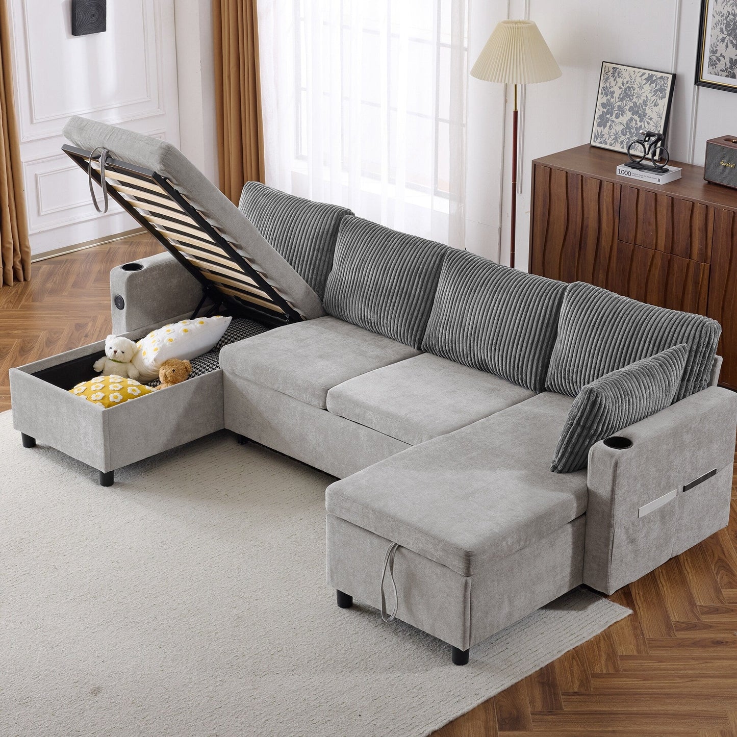 Multifunctional Sectional Sofa Bed with Pull-Out Sleeper, Dual Storage Chaises, USB Ports and Cup Holders for Living Room