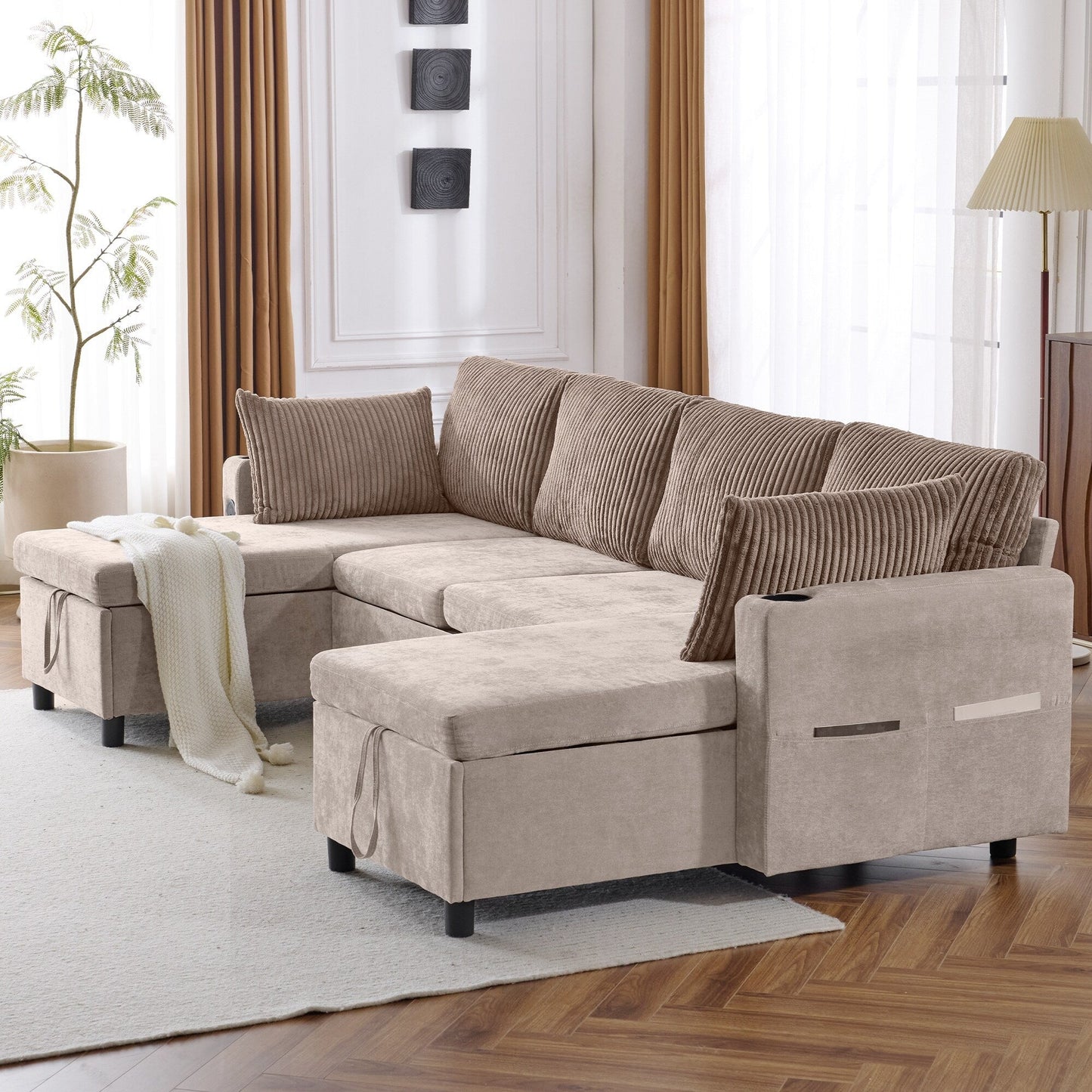 Multifunctional Sectional Sofa Bed with Pull-Out Sleeper, Dual Storage Chaises, USB Ports and Cup Holders for Living Room