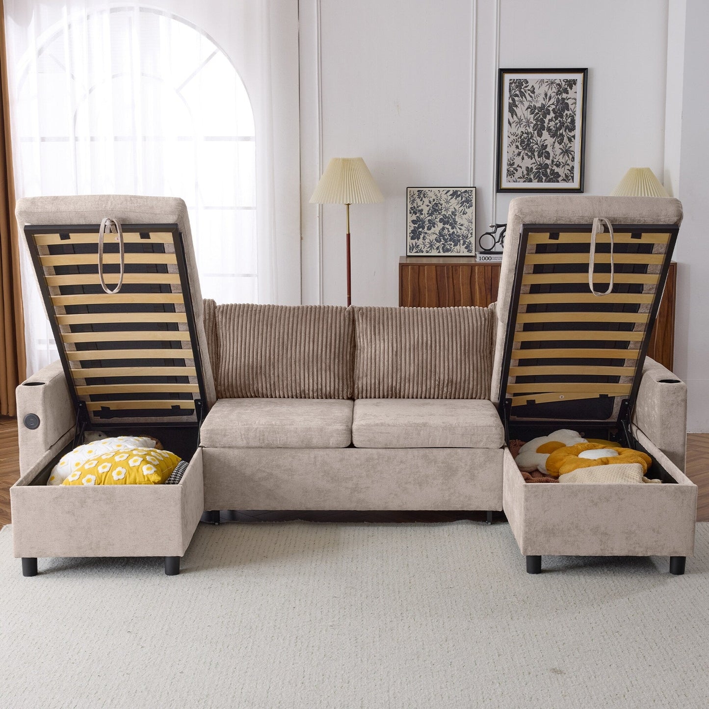 Multifunctional Sectional Sofa Bed with Pull-Out Sleeper, Dual Storage Chaises, USB Ports and Cup Holders for Living Room