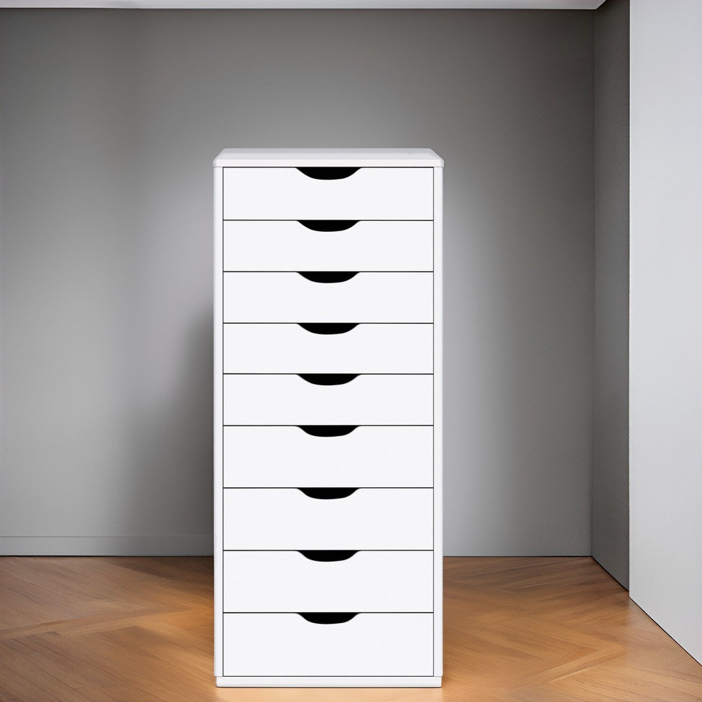 Schmaler Holzschrank mit 9 Schubladen, leichtgängigen Schubladen und oberem Ablagefach
