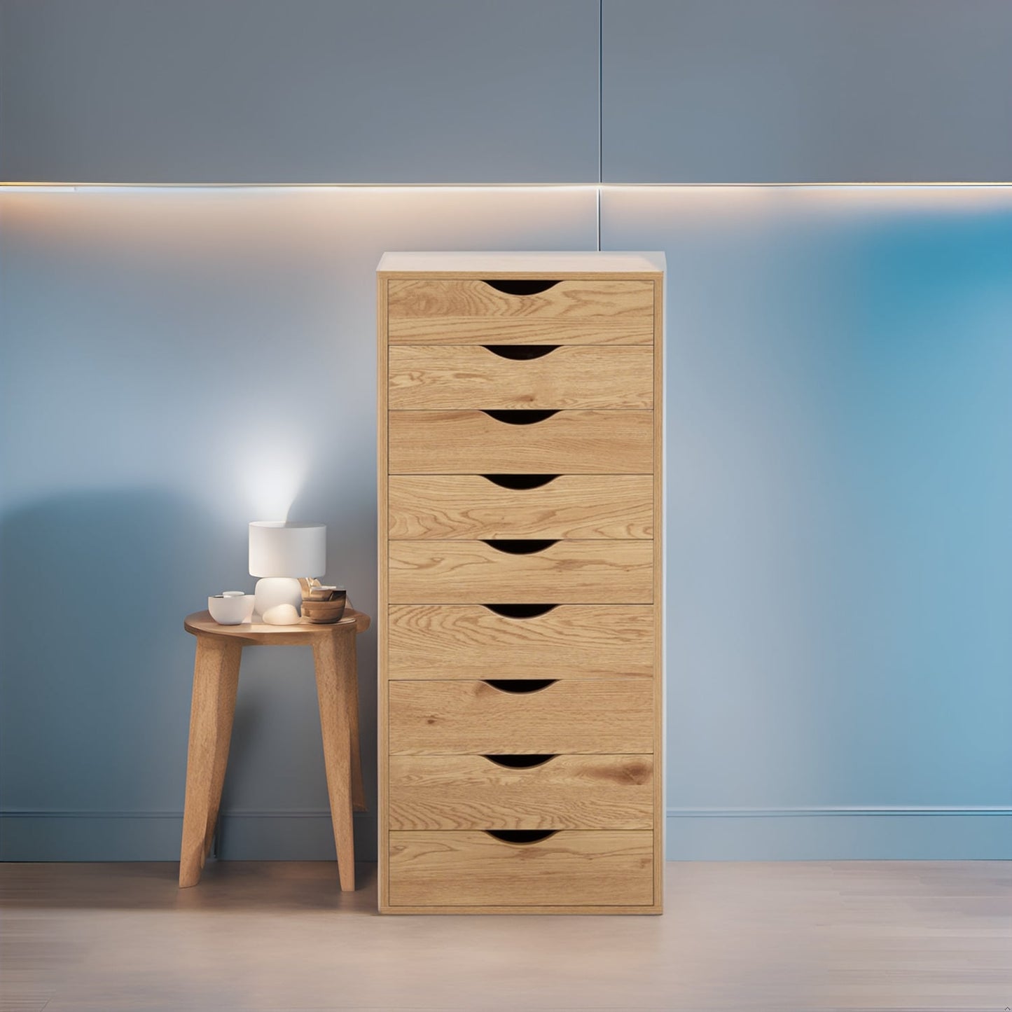 Schmaler Holzschrank mit 9 Schubladen, leichtgängigen Schubladen und oberem Ablagefach