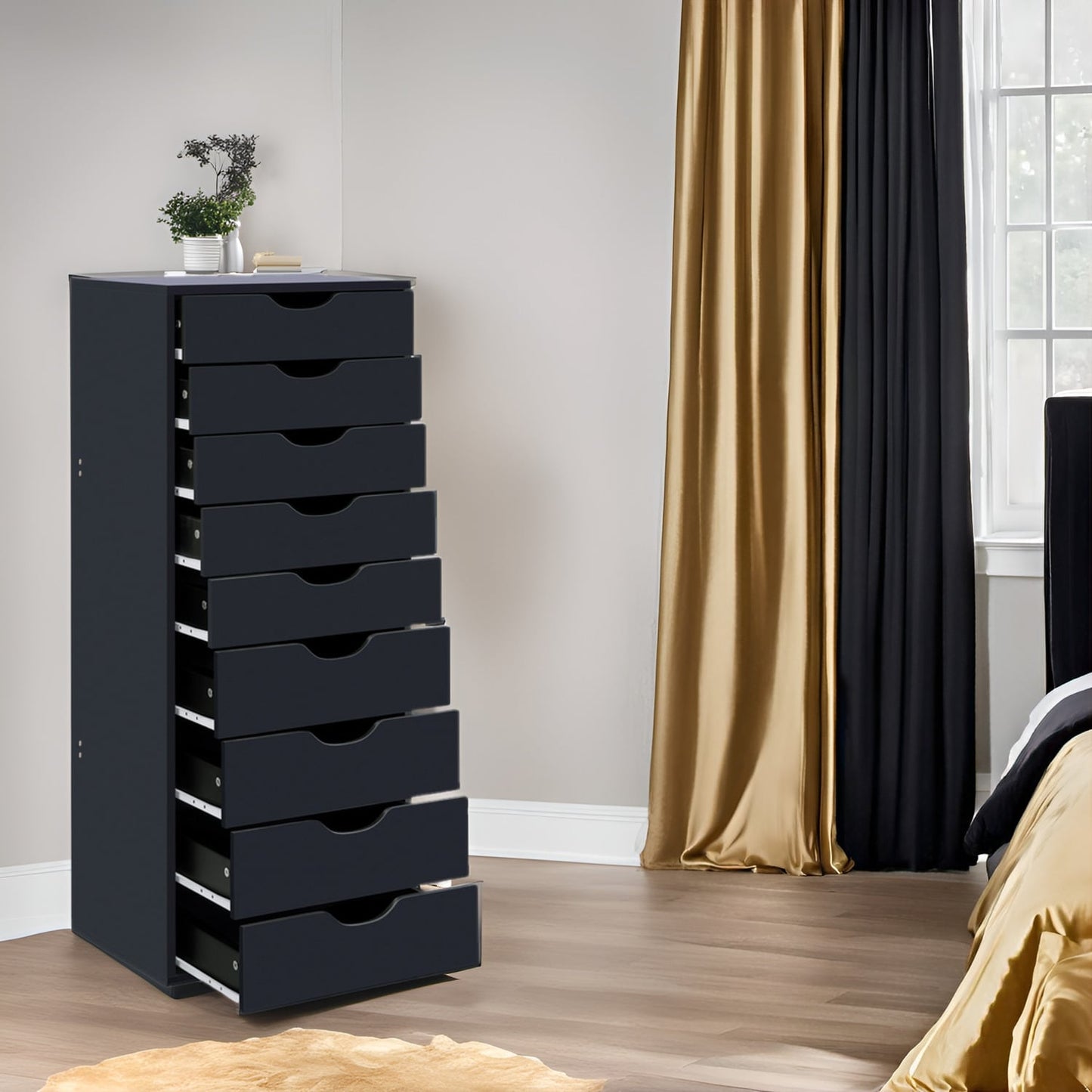 Schmaler Holzschrank mit 9 Schubladen, leichtgängigen Schubladen und oberem Ablagefach