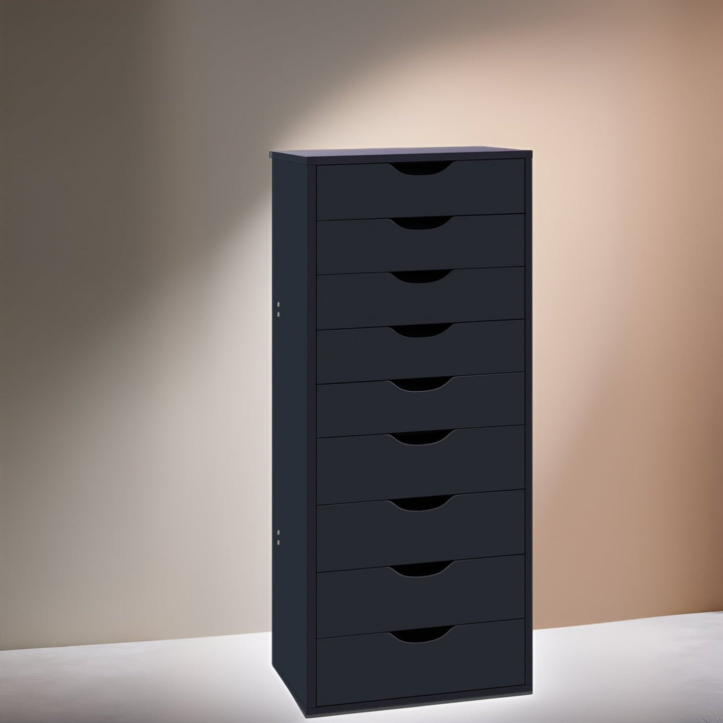 Schmaler Holzschrank mit 9 Schubladen, leichtgängigen Schubladen und oberem Ablagefach