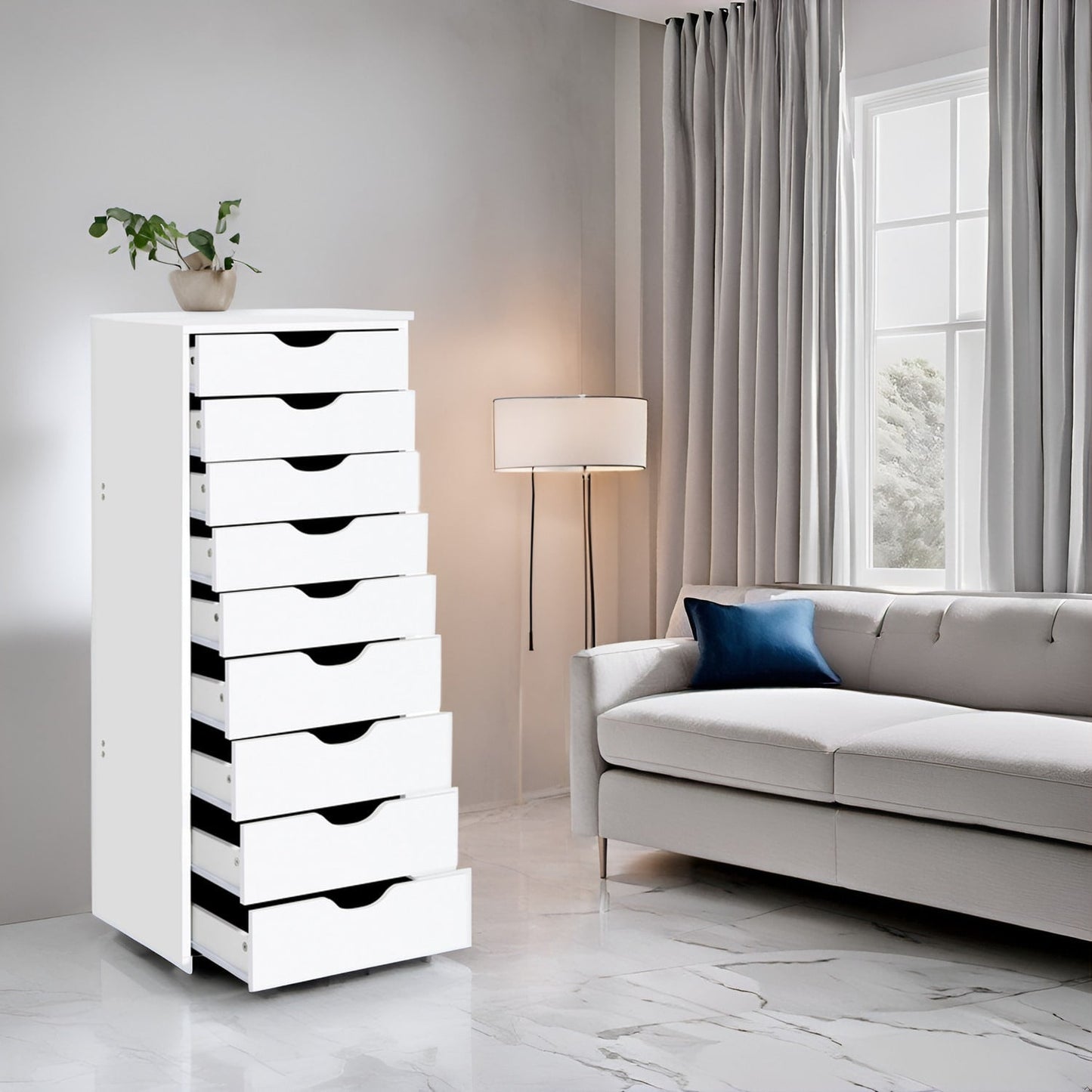 Schmaler Holzschrank mit 9 Schubladen, leichtgängigen Schubladen und oberem Ablagefach