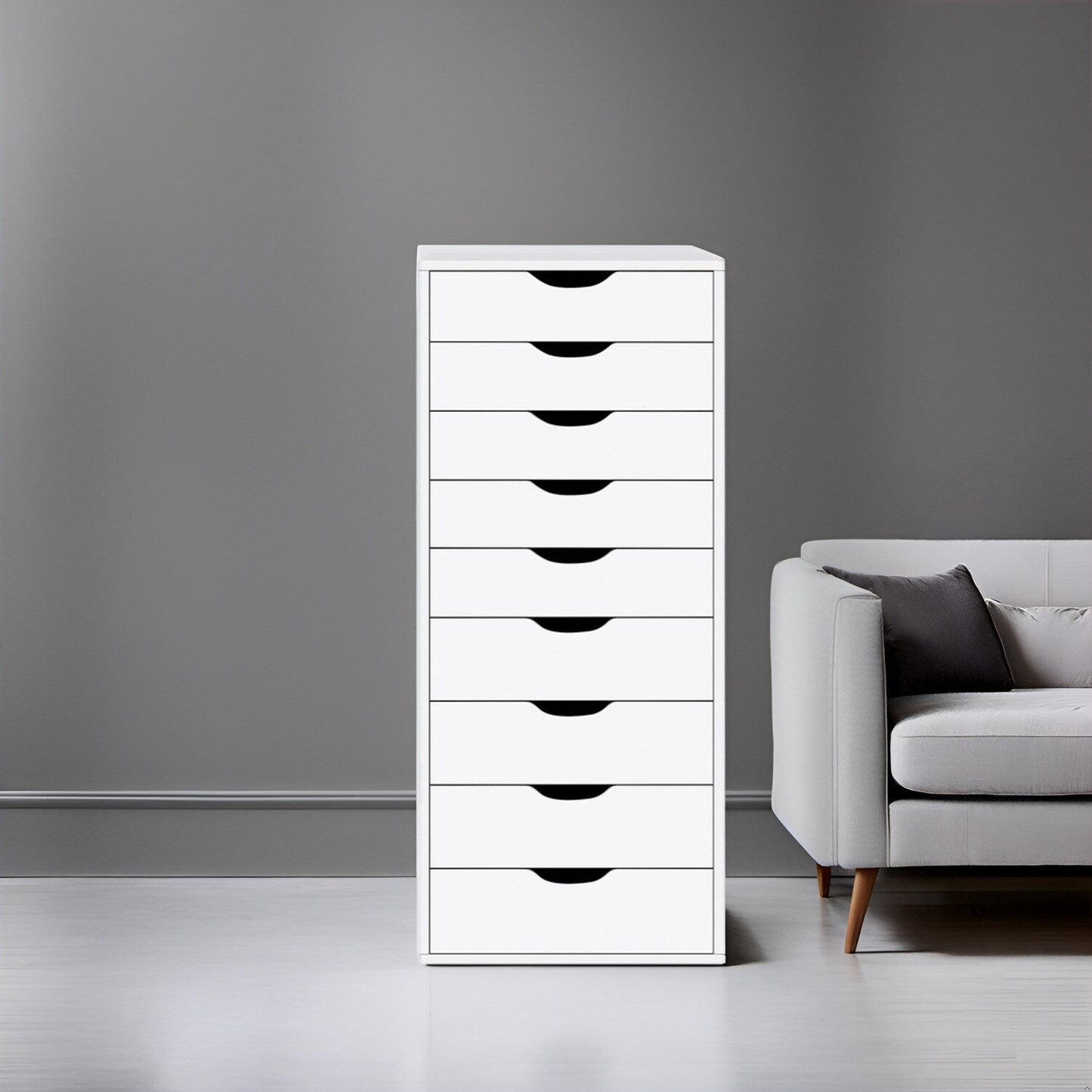 Schmaler Holzschrank mit 9 Schubladen, leichtgängigen Schubladen und oberem Ablagefach