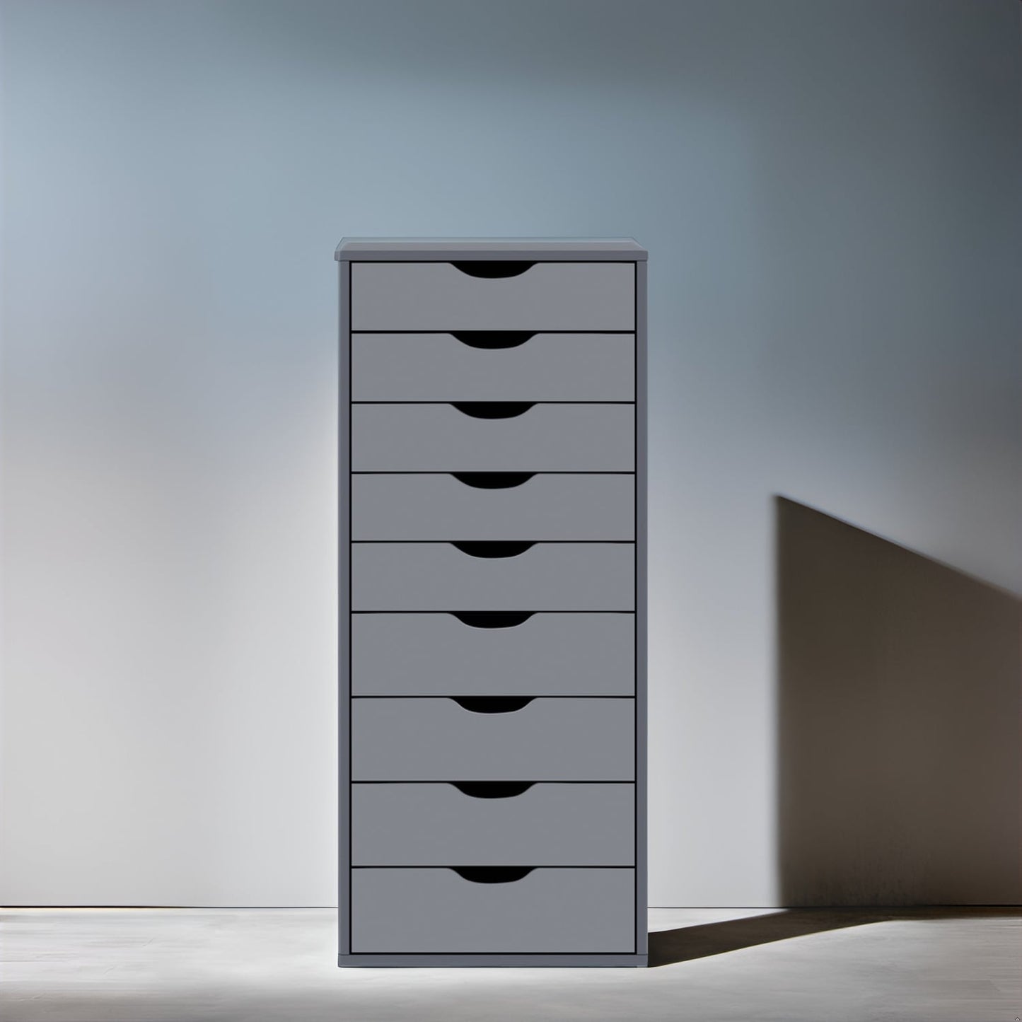 Schmaler Holzschrank mit 9 Schubladen, leichtgängigen Schubladen und oberem Ablagefach