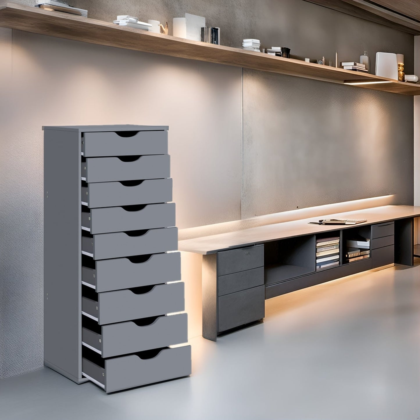 Schmaler Holzschrank mit 9 Schubladen, leichtgängigen Schubladen und oberem Ablagefach