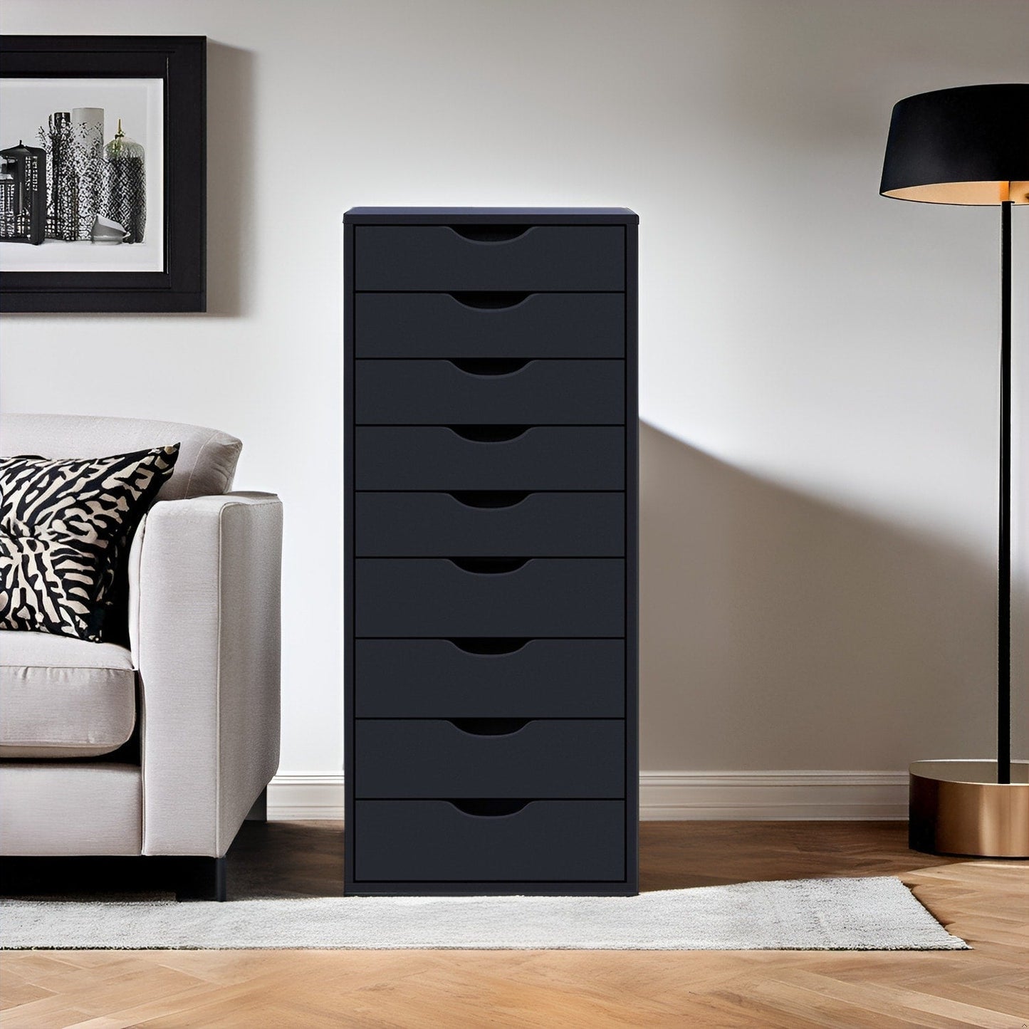 Schmaler Holzschrank mit 9 Schubladen, leichtgängigen Schubladen und oberem Ablagefach