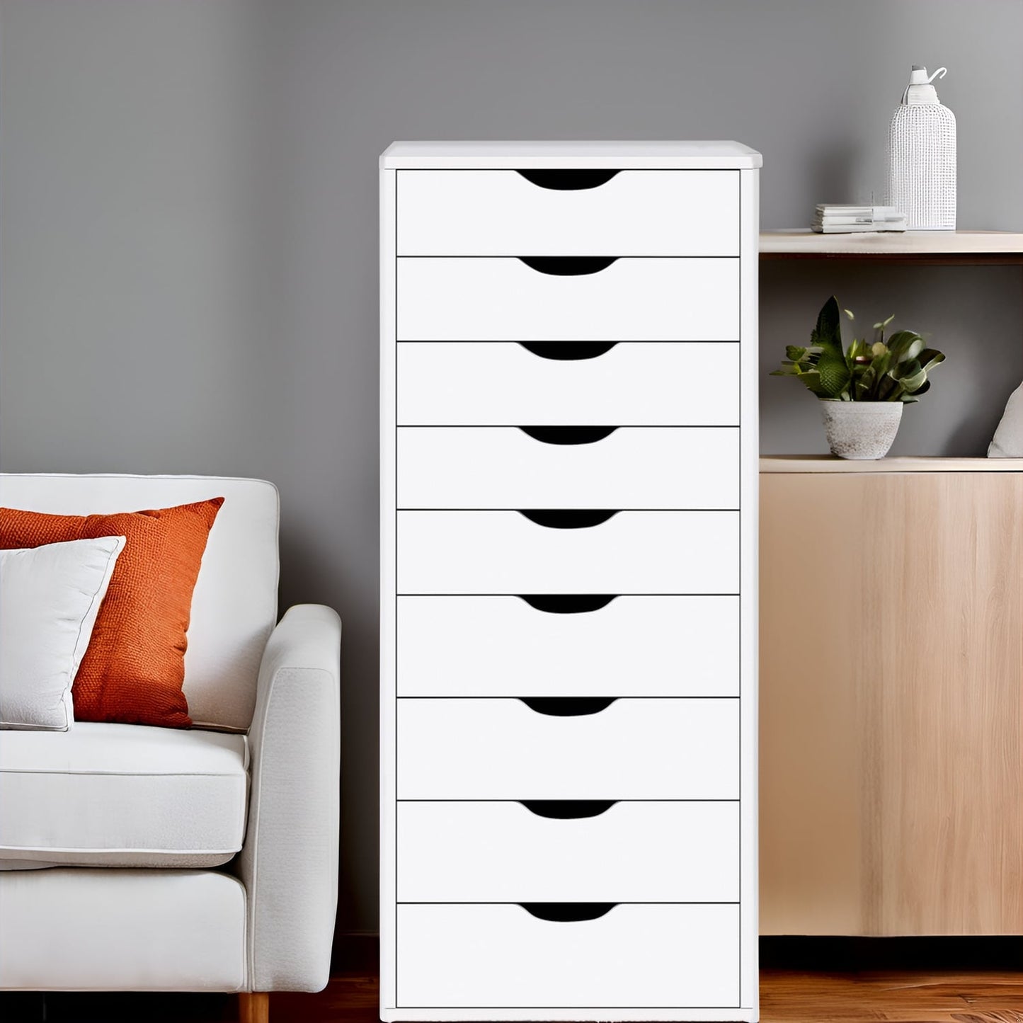 Schmaler Holzschrank mit 9 Schubladen, leichtgängigen Schubladen und oberem Ablagefach