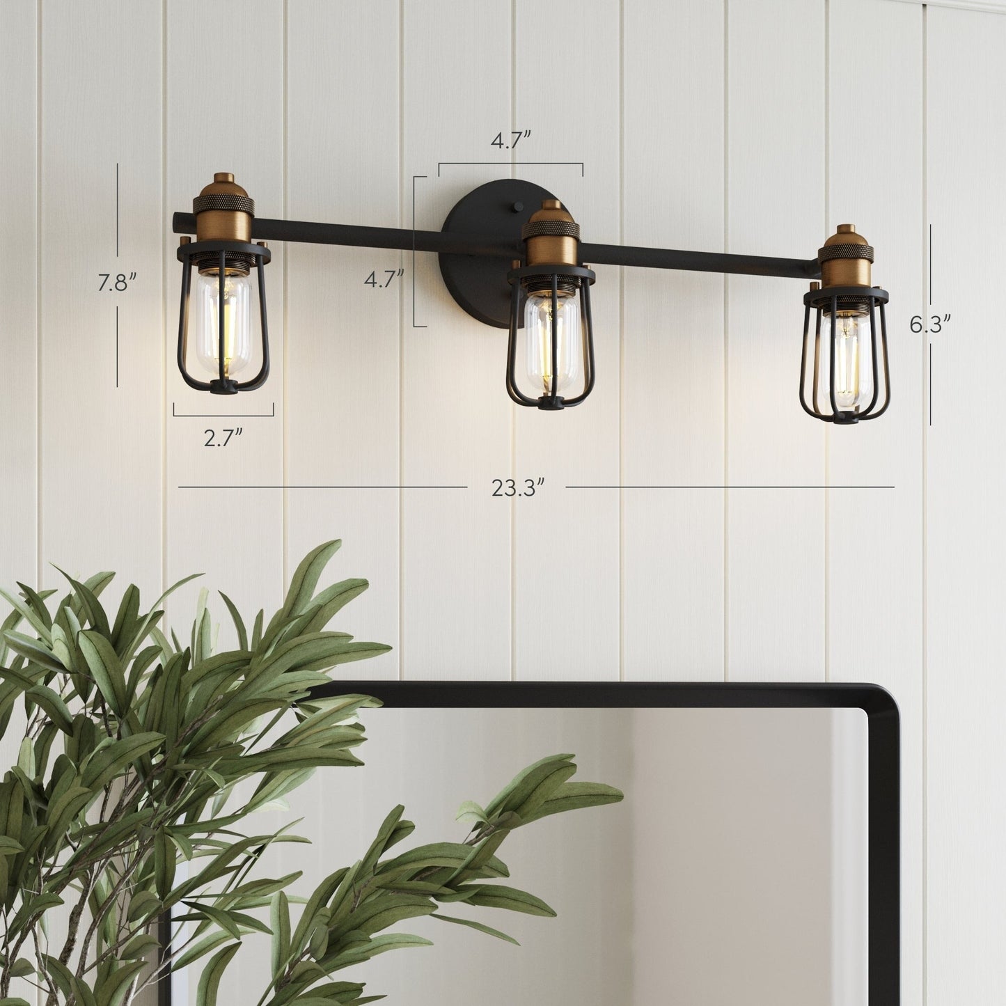 Nathan James Rori Vanity-Wandleuchte für den Innenbereich, 3-flammiges Badezimmer mit Bauernhaus-Käfig-Wandleuchte und Messingdetails
