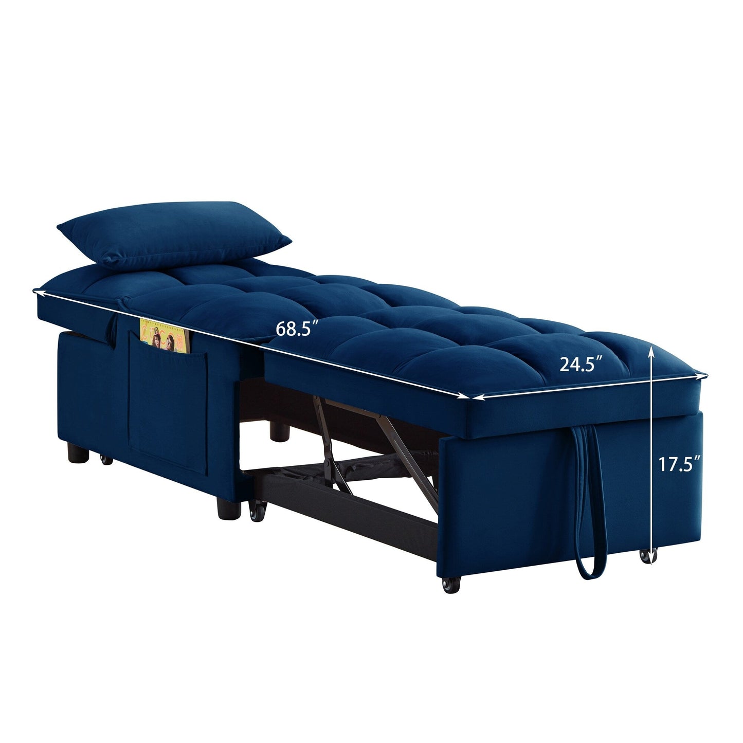 Navy 68.5 Velvet Single Folding Sofa Bed with Adjustable Backrest and Pillows for Living Room