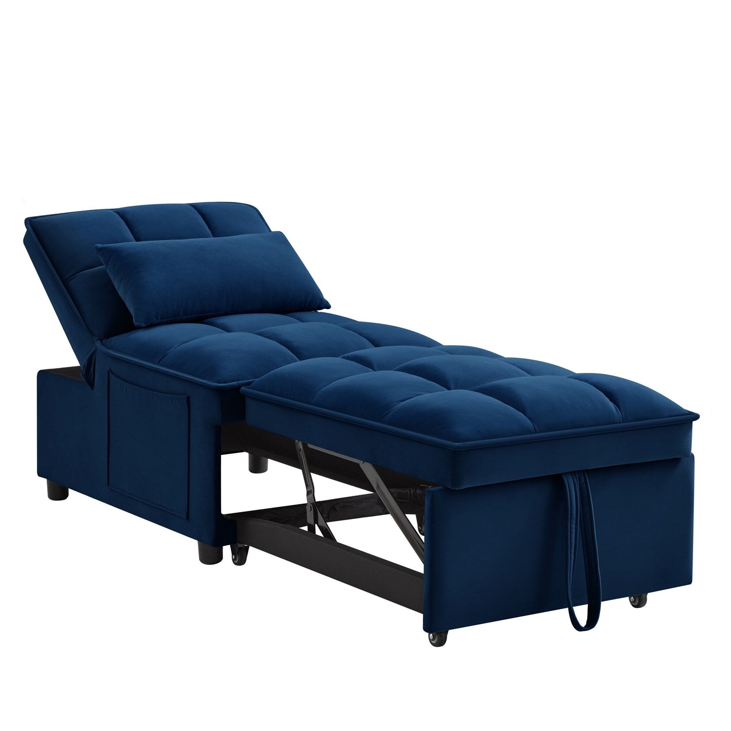 Navy 68.5 Velvet Single Folding Sofa Bed with Adjustable Backrest and Pillows for Living Room