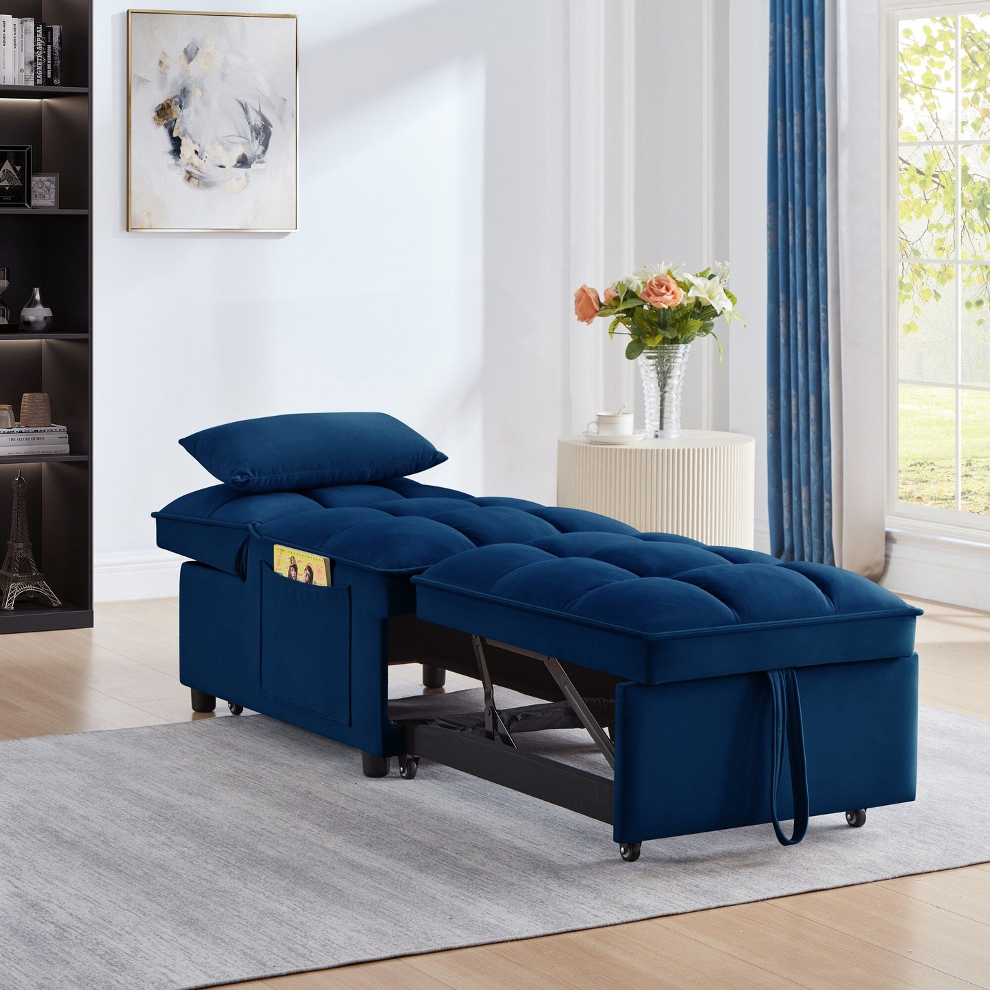 Navy 68.5 Velvet Single Folding Sofa Bed with Adjustable Backrest and Pillows for Living Room