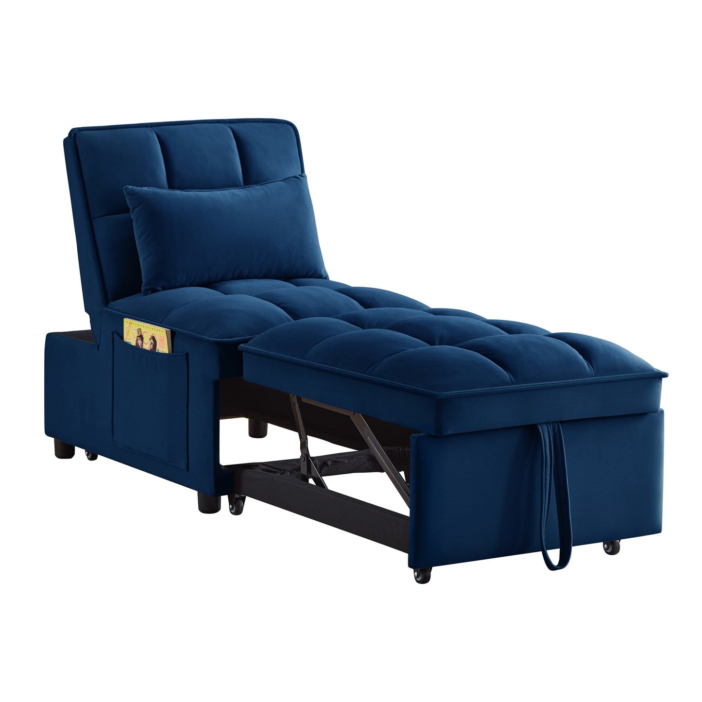 Navy 68.5 Velvet Single Folding Sofa Bed with Adjustable Backrest and Pillows for Living Room
