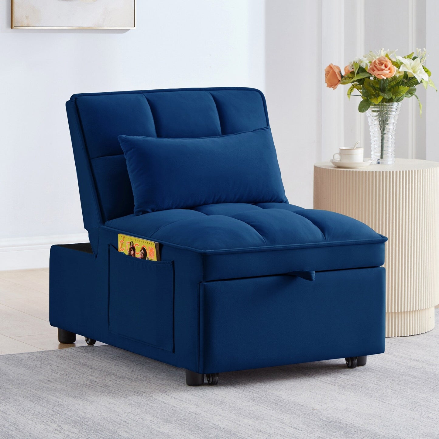 Navy 68.5 Velvet Single Folding Sofa Bed with Adjustable Backrest and Pillows for Living Room