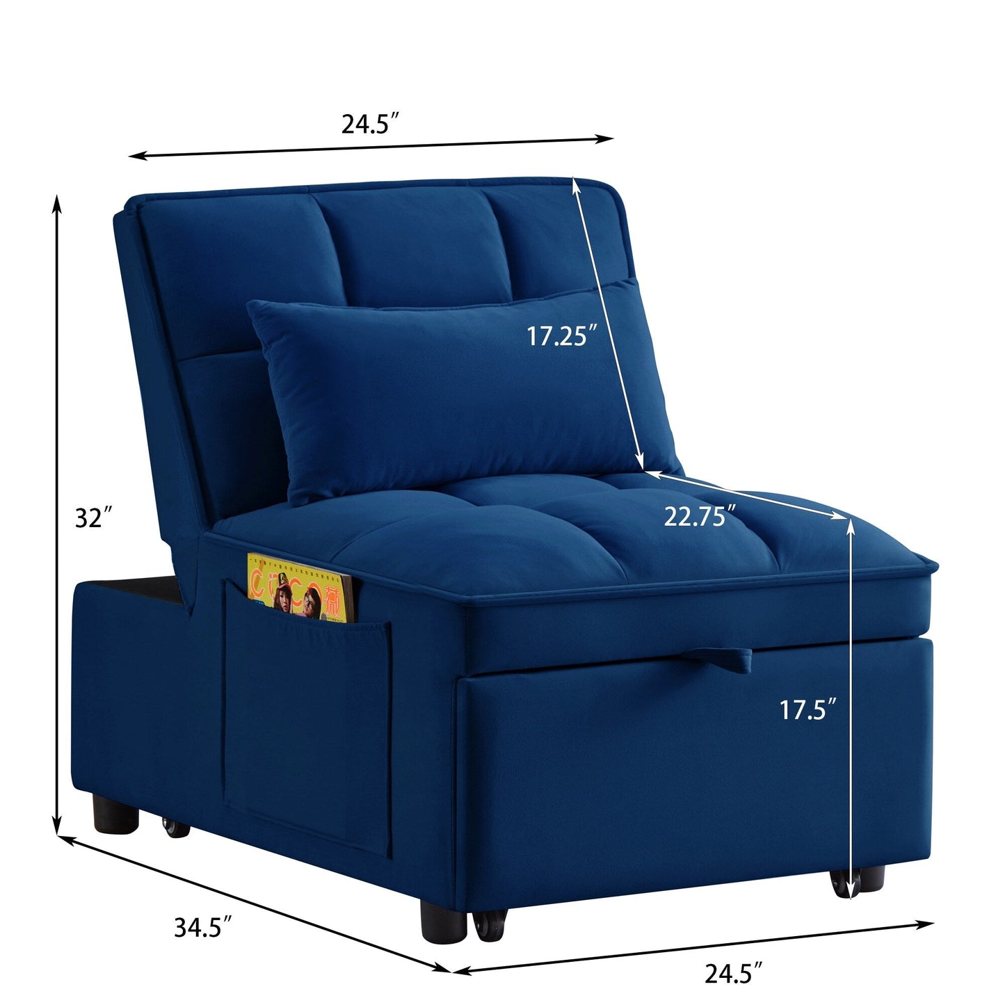 Navy 68.5 Velvet Single Folding Sofa Bed with Adjustable Backrest and Pillows for Living Room
