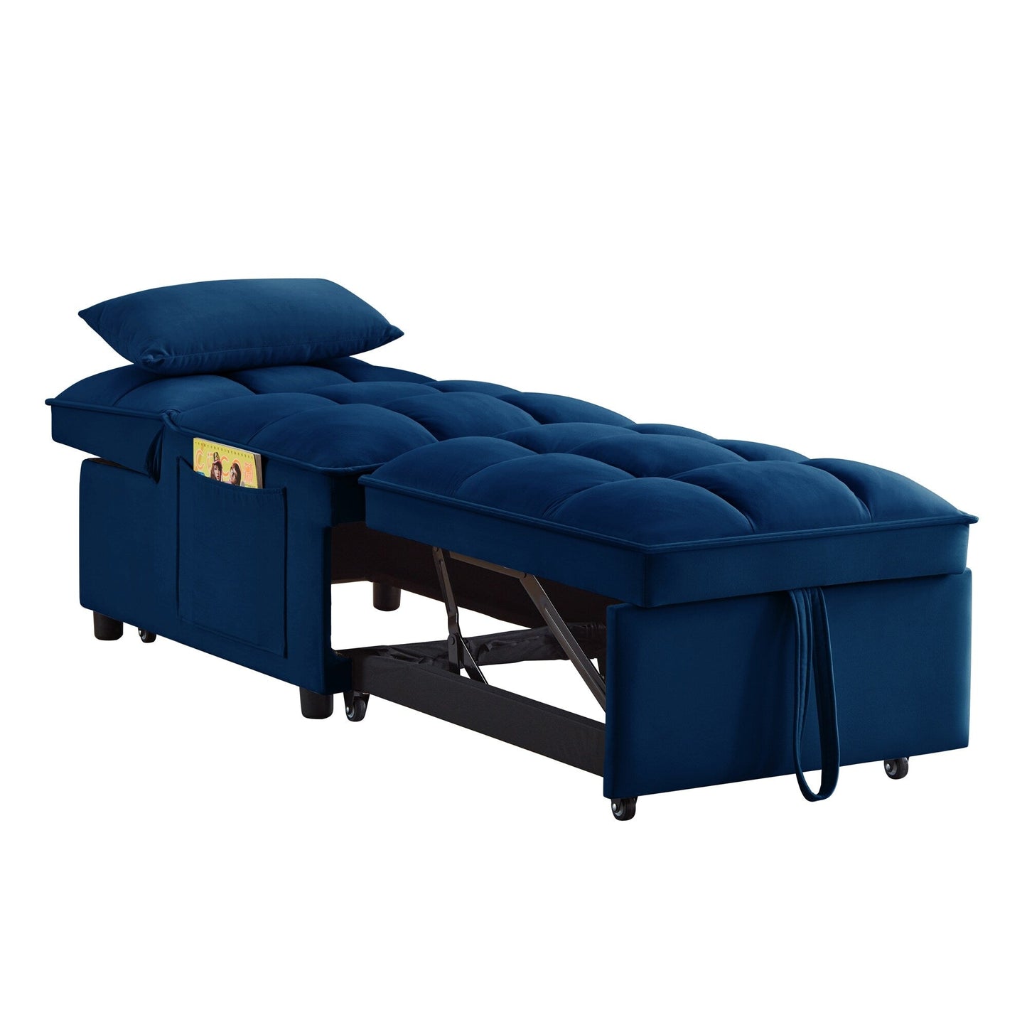 Navy 68.5 Velvet Single Folding Sofa Bed with Adjustable Backrest and Pillows for Living Room