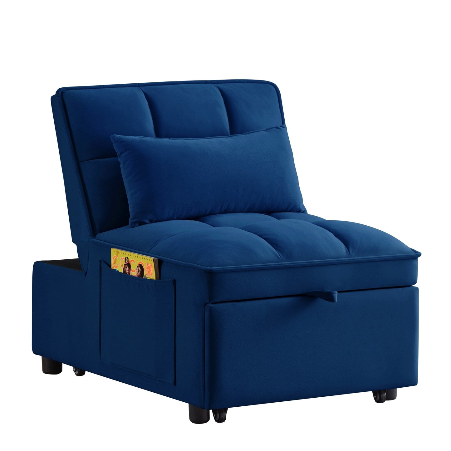 Navy 68.5 Velvet Single Folding Sofa Bed with Adjustable Backrest and Pillows for Living Room