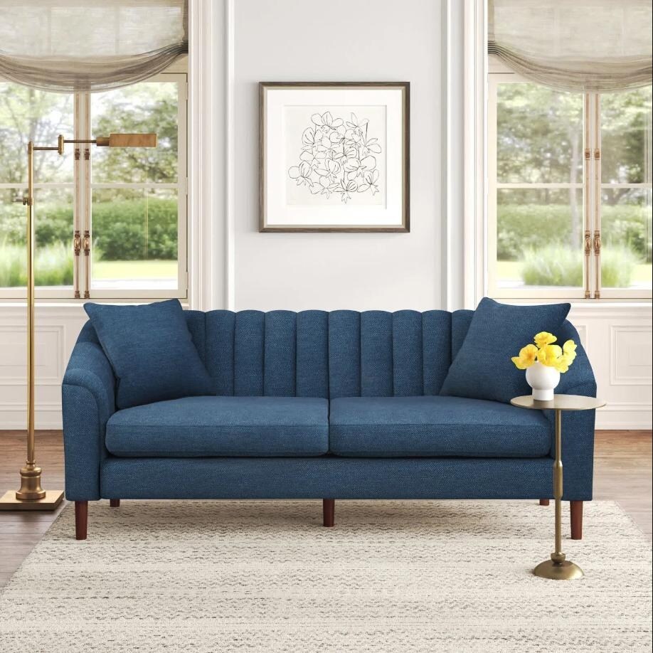 Navy Blue 3-seater Sofa with Wood Legs and Pillows