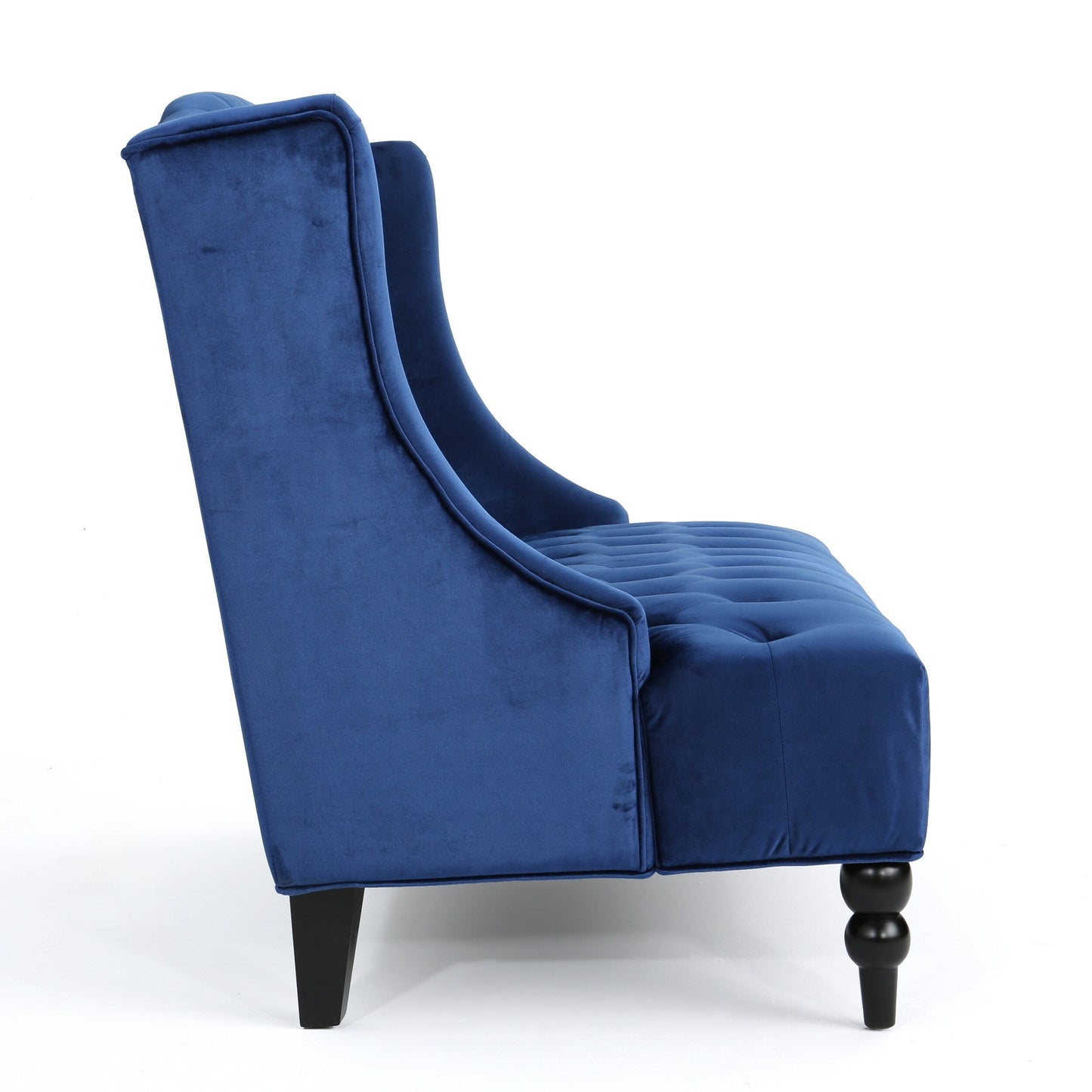 Marineblaues 50.25 Samt-Sofa mit Knopfheftung, hohes Ohrensessel-Sofa mit Holzbeinen für das Wohnzimmer
