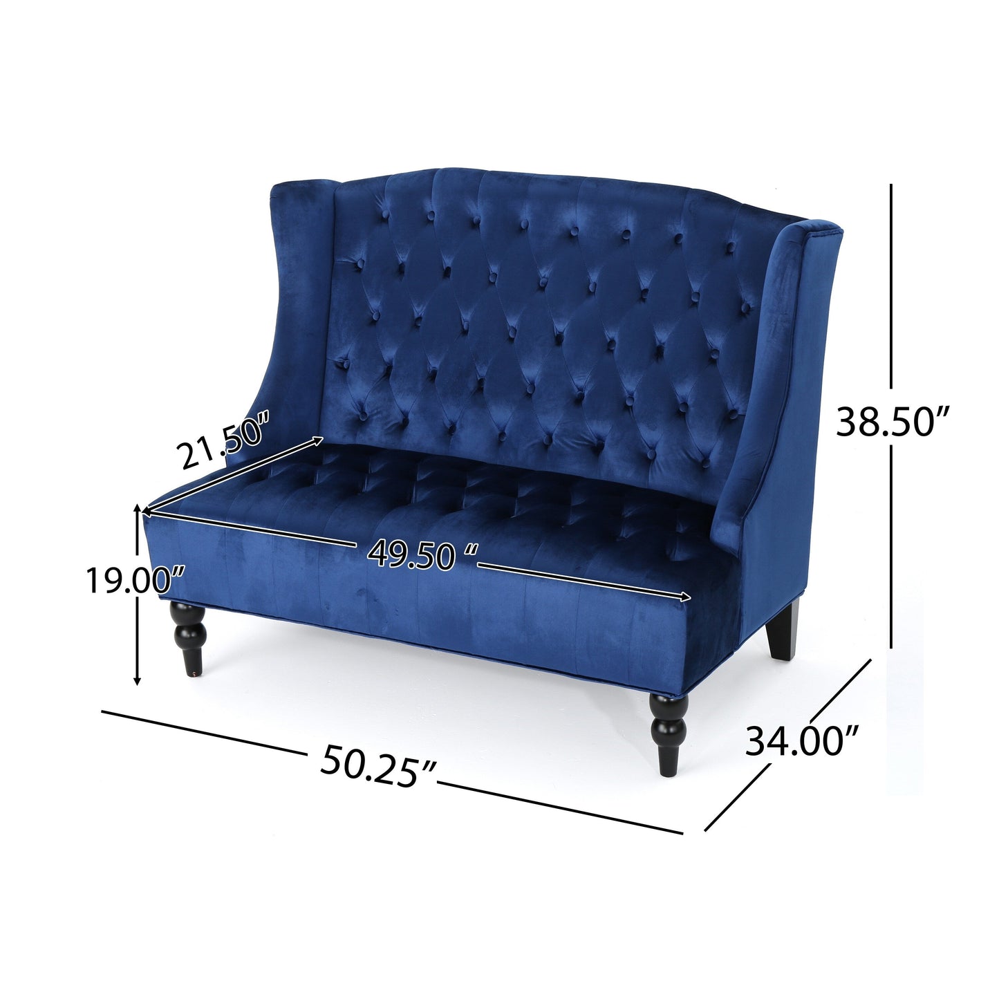 Marineblaues 50.25 Samt-Sofa mit Knopfheftung, hohes Ohrensessel-Sofa mit Holzbeinen für das Wohnzimmer