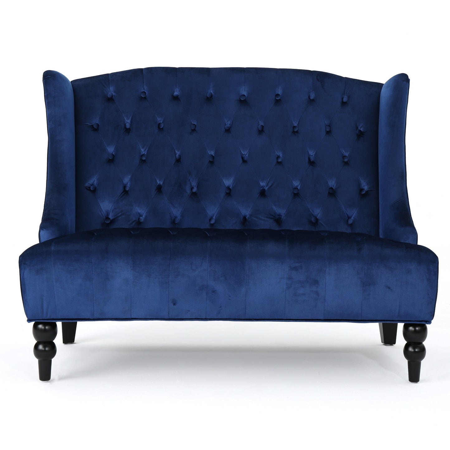Marineblaues 50.25 Samt-Sofa mit Knopfheftung, hohes Ohrensessel-Sofa mit Holzbeinen für das Wohnzimmer