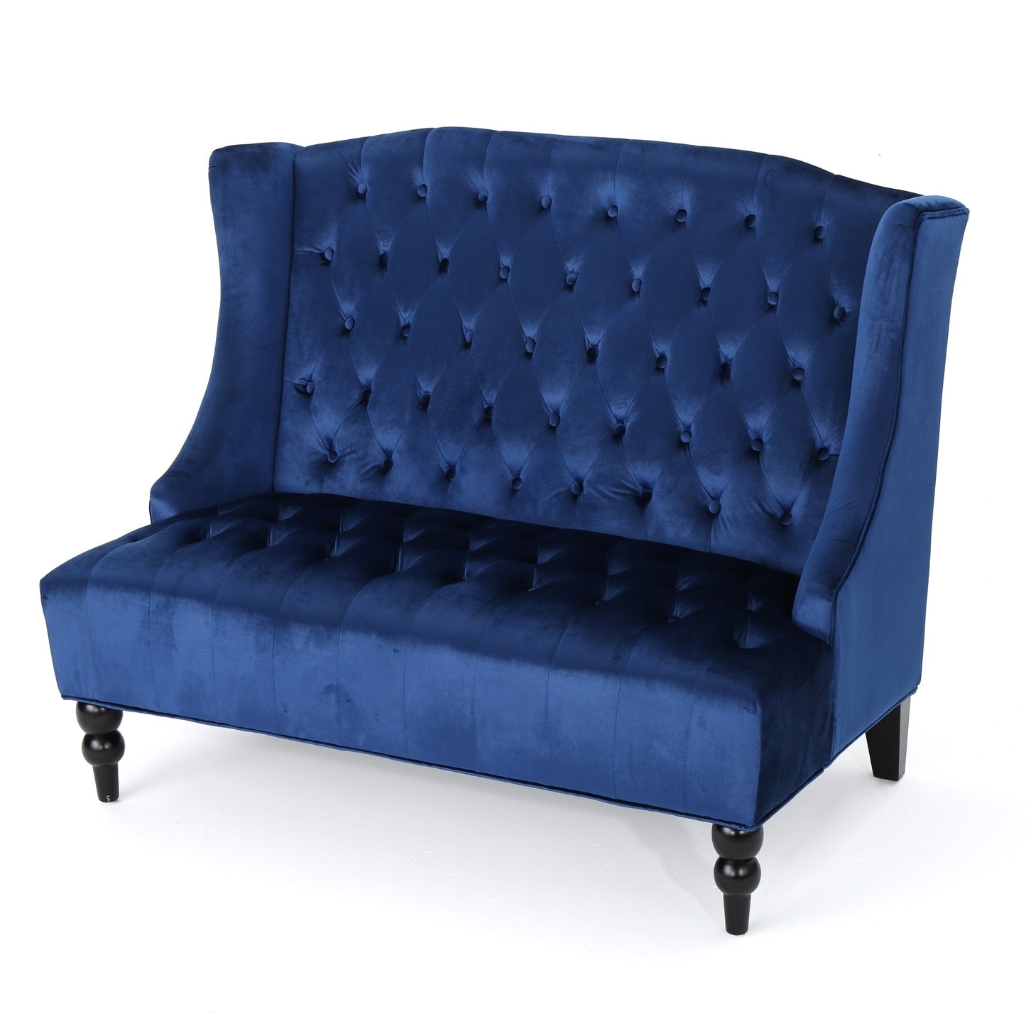 Marineblaues 50.25 Samt-Sofa mit Knopfheftung, hohes Ohrensessel-Sofa mit Holzbeinen für das Wohnzimmer