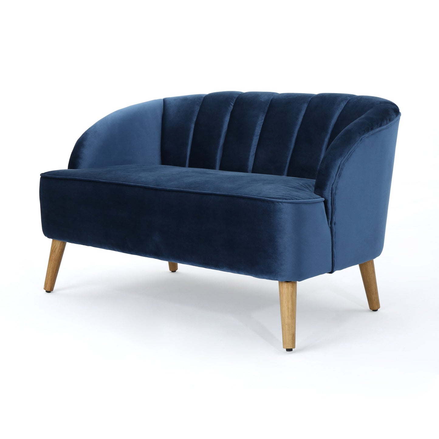 Marineblaues 50-Sofa aus Samt mit Birkenholzrahmen und abgewinkelten Birkenholzbeinen für das Wohnzimmer