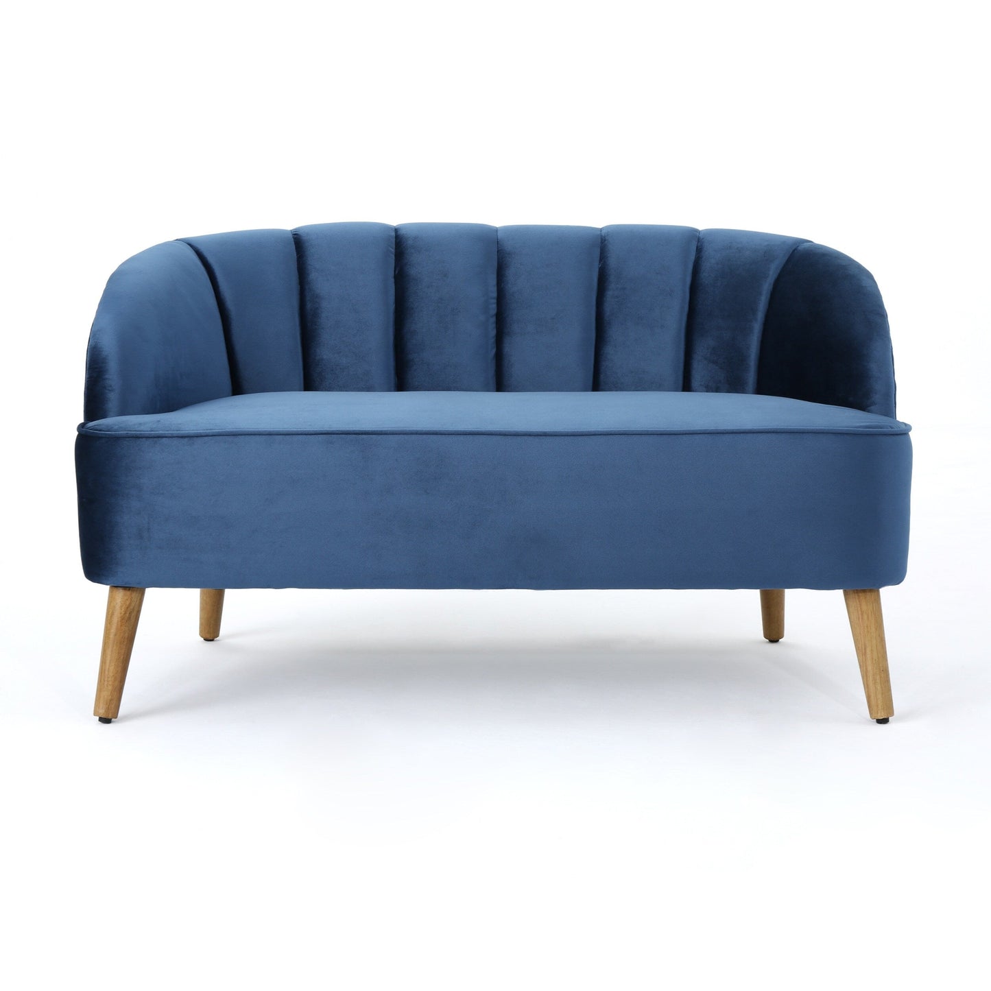 Marineblaues 50-Sofa aus Samt mit Birkenholzrahmen und abgewinkelten Birkenholzbeinen für das Wohnzimmer