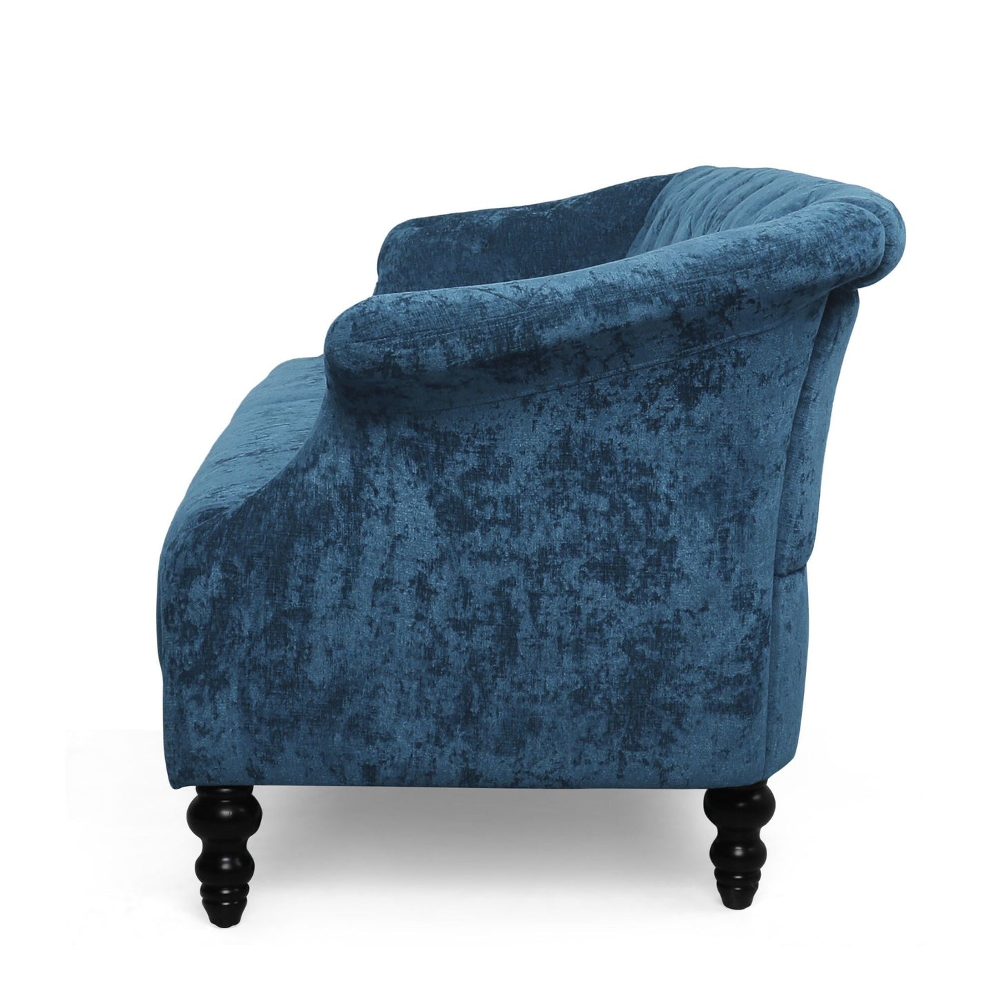 Marineblaues 75-Sofa aus Samt mit ausgestellten Armlehnen, getuftetes Sofa mit tiefer Sitzfläche und Holzbeinen für das Wohnzimmer