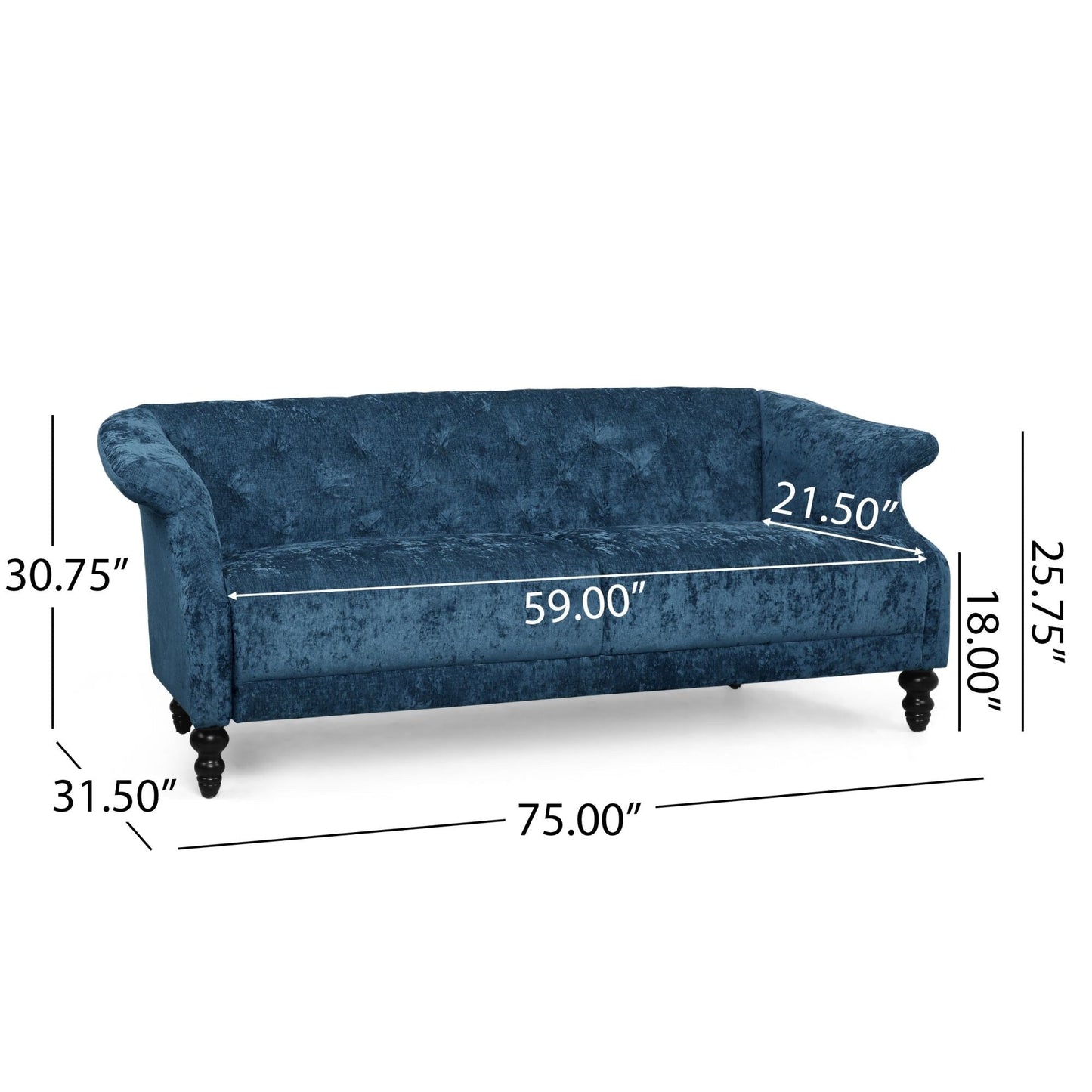 Marineblaues 75-Sofa aus Samt mit ausgestellten Armlehnen, getuftetes Sofa mit tiefer Sitzfläche und Holzbeinen für das Wohnzimmer