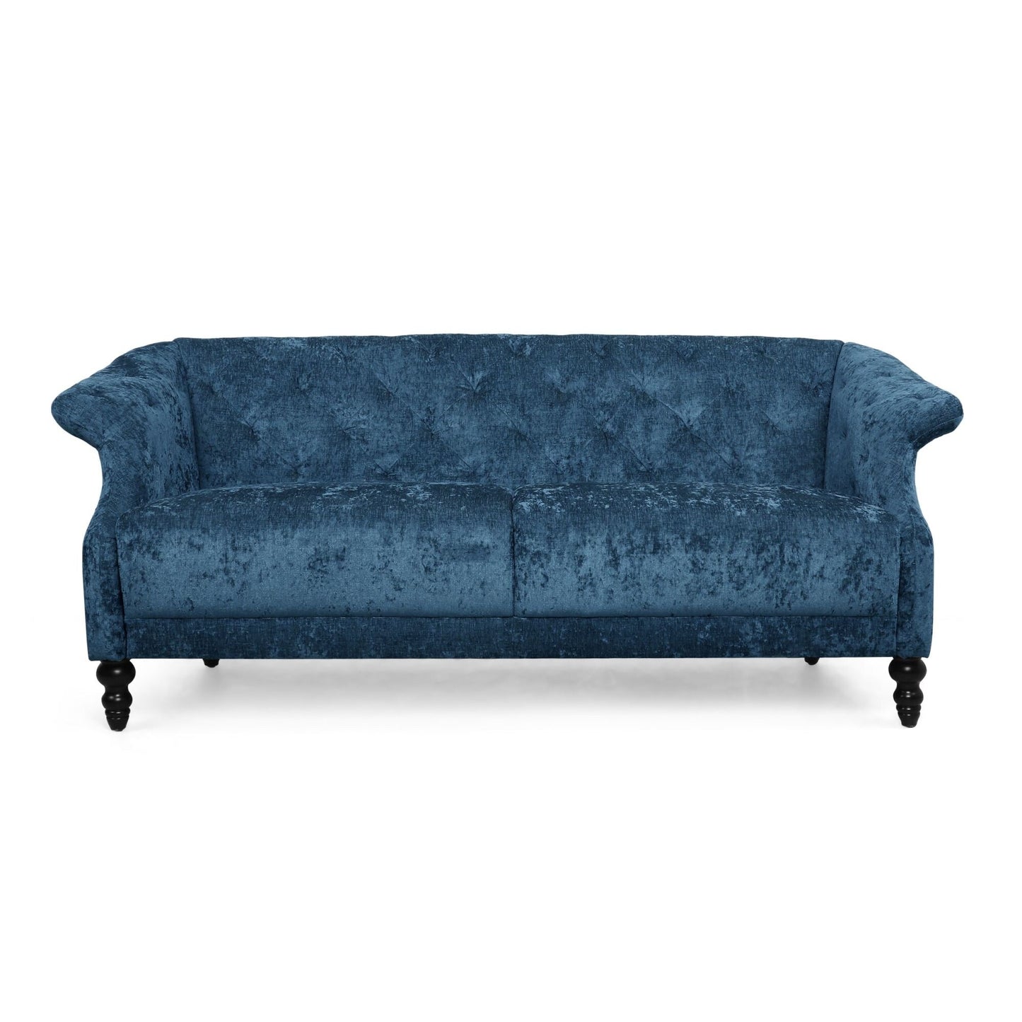 Marineblaues 75-Sofa aus Samt mit ausgestellten Armlehnen, getuftetes Sofa mit tiefer Sitzfläche und Holzbeinen für das Wohnzimmer