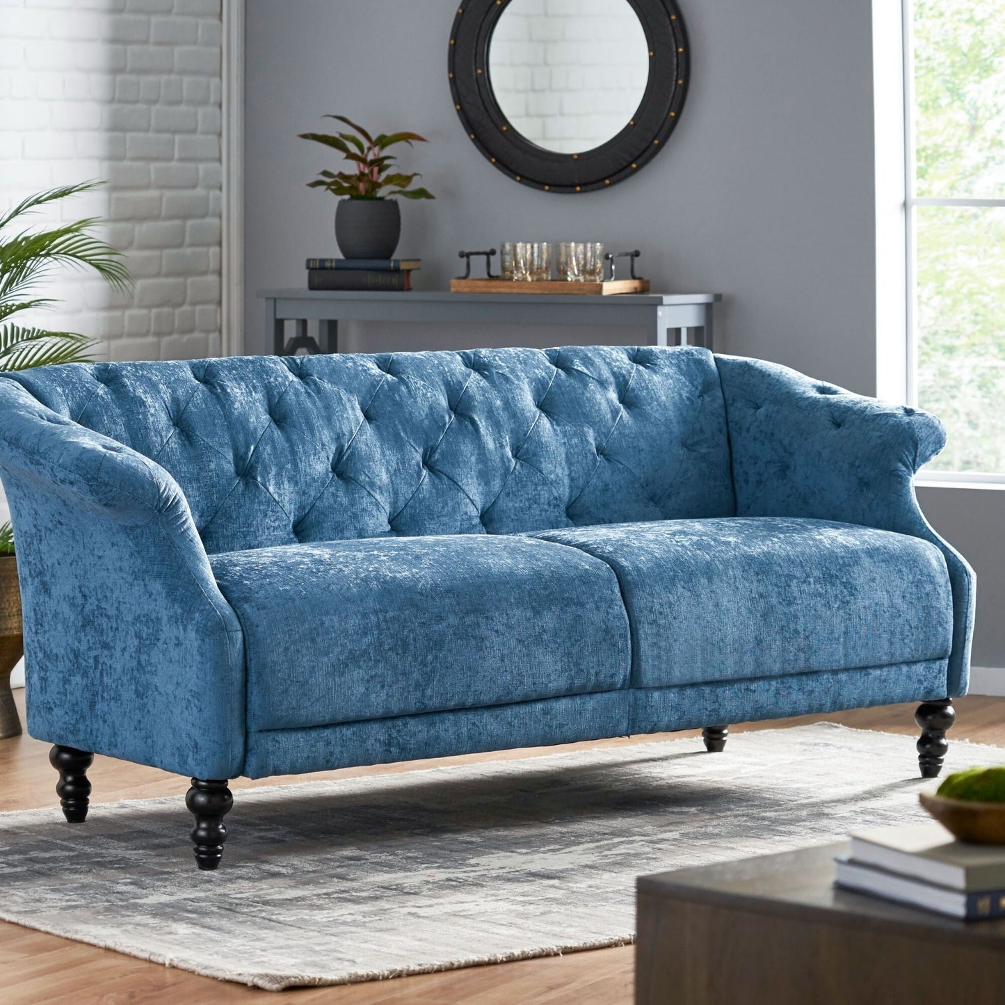 Marineblaues 75-Sofa aus Samt mit ausgestellten Armlehnen, getuftetes Sofa mit tiefer Sitzfläche und Holzbeinen für das Wohnzimmer