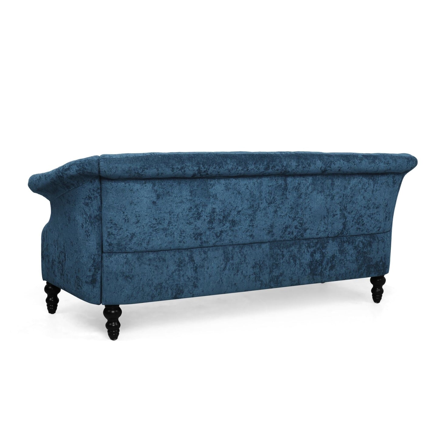 Marineblaues 75-Sofa aus Samt mit ausgestellten Armlehnen, getuftetes Sofa mit tiefer Sitzfläche und Holzbeinen für das Wohnzimmer
