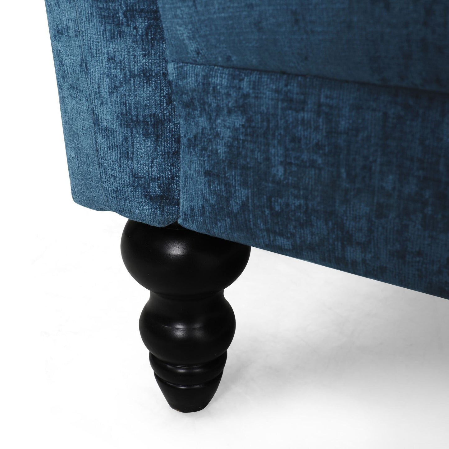 Marineblaues 75-Sofa aus Samt mit ausgestellten Armlehnen, getuftetes Sofa mit tiefer Sitzfläche und Holzbeinen für das Wohnzimmer