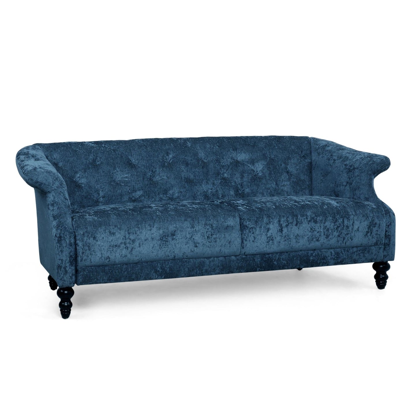 Marineblaues 75-Sofa aus Samt mit ausgestellten Armlehnen, getuftetes Sofa mit tiefer Sitzfläche und Holzbeinen für das Wohnzimmer