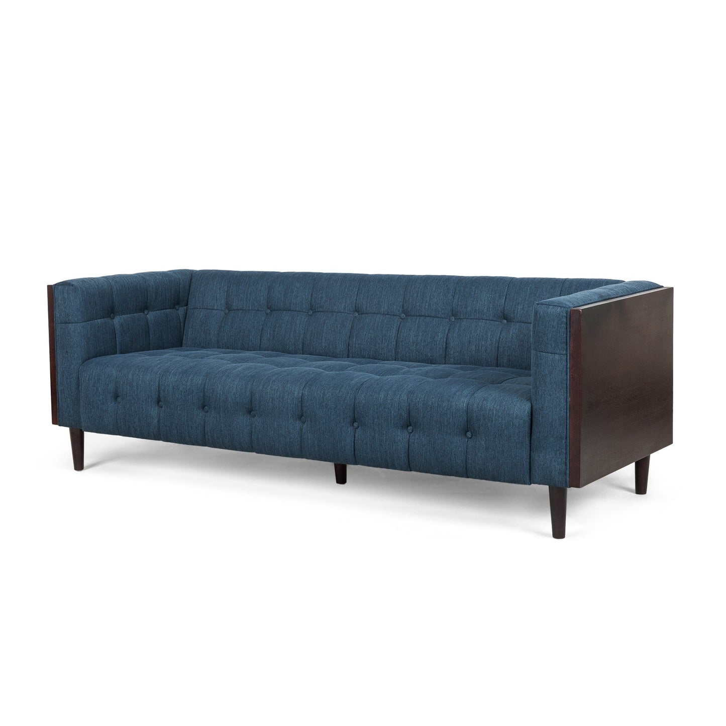 Navy Blue Button Tufted 3-seater Sofa with Wood Legs
