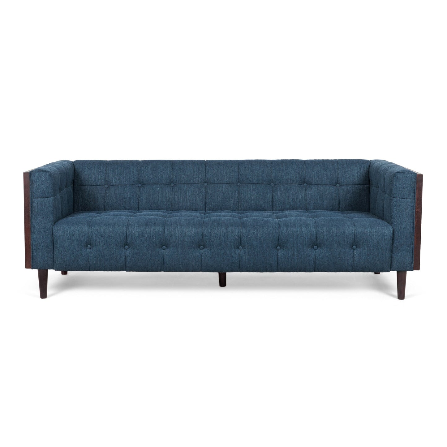 Navy Blue Button Tufted 3-seater Sofa with Wood Legs