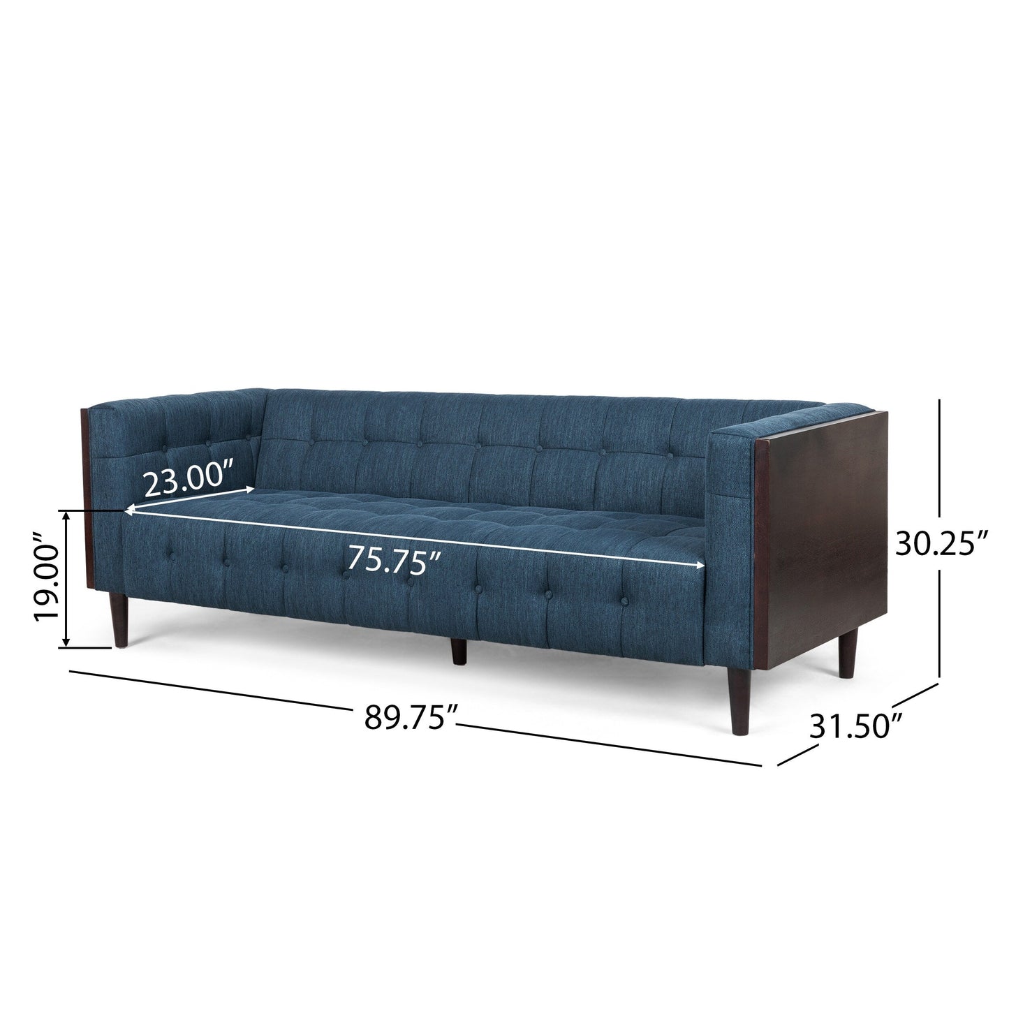 Navy Blue Button Tufted 3-seater Sofa with Wood Legs