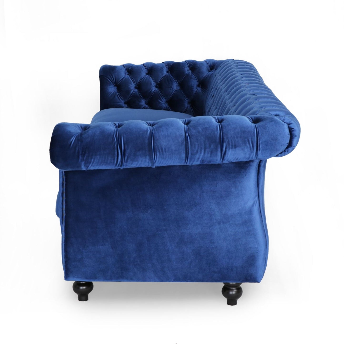 Marineblaues Chesterfield 84,75 knopfgetuftetes 3-Sitzer-Sofa mit Nagelköpfen und Holzbeinen für das Wohnzimmer