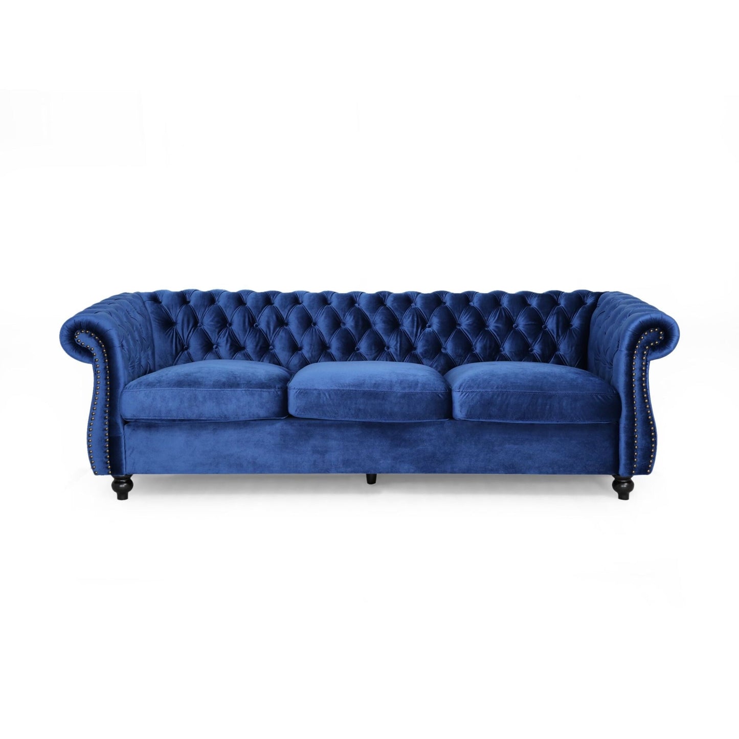 Marineblaues Chesterfield 84,75 knopfgetuftetes 3-Sitzer-Sofa mit Nagelköpfen und Holzbeinen für das Wohnzimmer