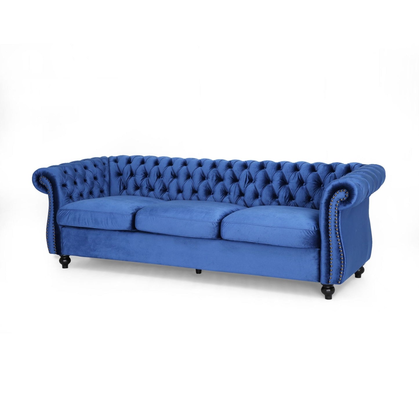 Marineblaues Chesterfield 84,75 knopfgetuftetes 3-Sitzer-Sofa mit Nagelköpfen und Holzbeinen für das Wohnzimmer