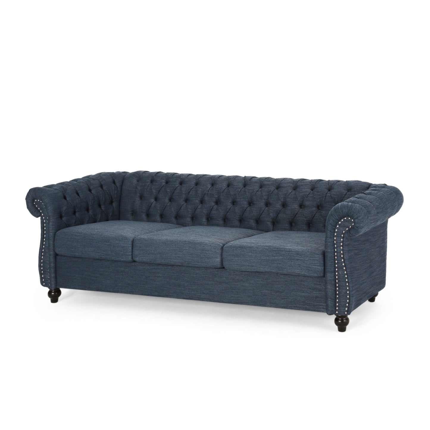 Marineblaues Chesterfield 84.75 3-Sitzer-Sofa mit Knopfheftung, Nagelköpfen und Holzbeinen