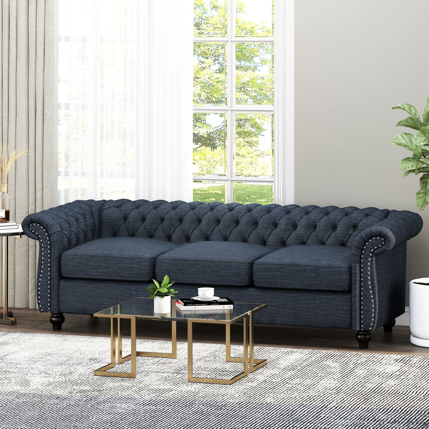 Marineblaues Chesterfield 84.75 3-Sitzer-Sofa mit Knopfheftung, Nagelköpfen und Holzbeinen