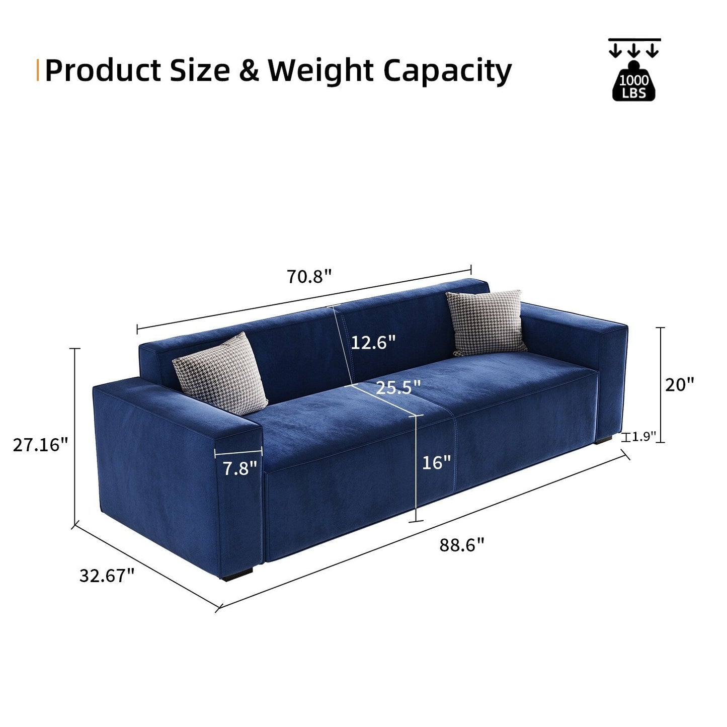 Navy Blue Modern 88.6 Chenille Loveseat Upholstered Sofa with 4 Solid Wood Legs and 2 Pillows for Living Room