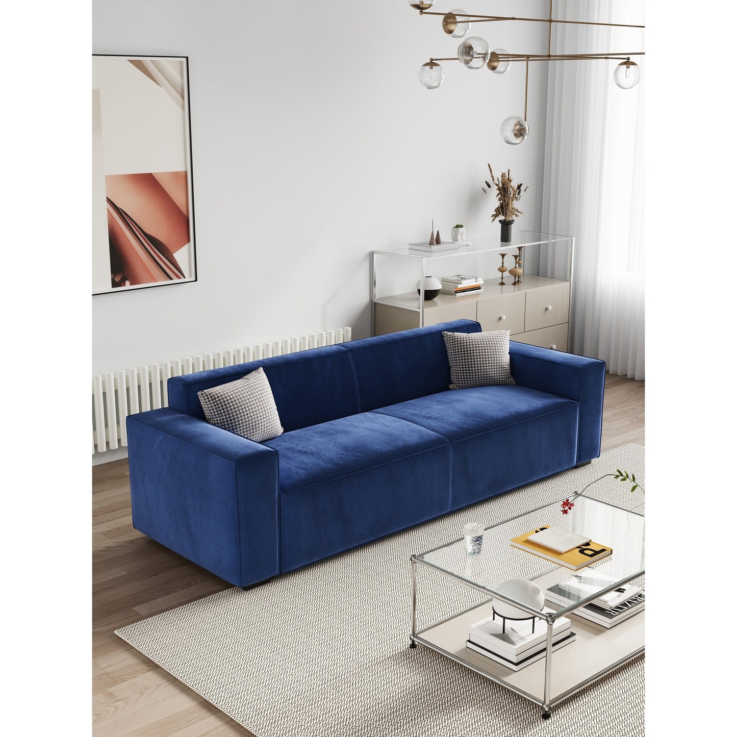 Navy Blue Modern 88.6 Chenille Loveseat Upholstered Sofa with 4 Solid Wood Legs and 2 Pillows for Living Room