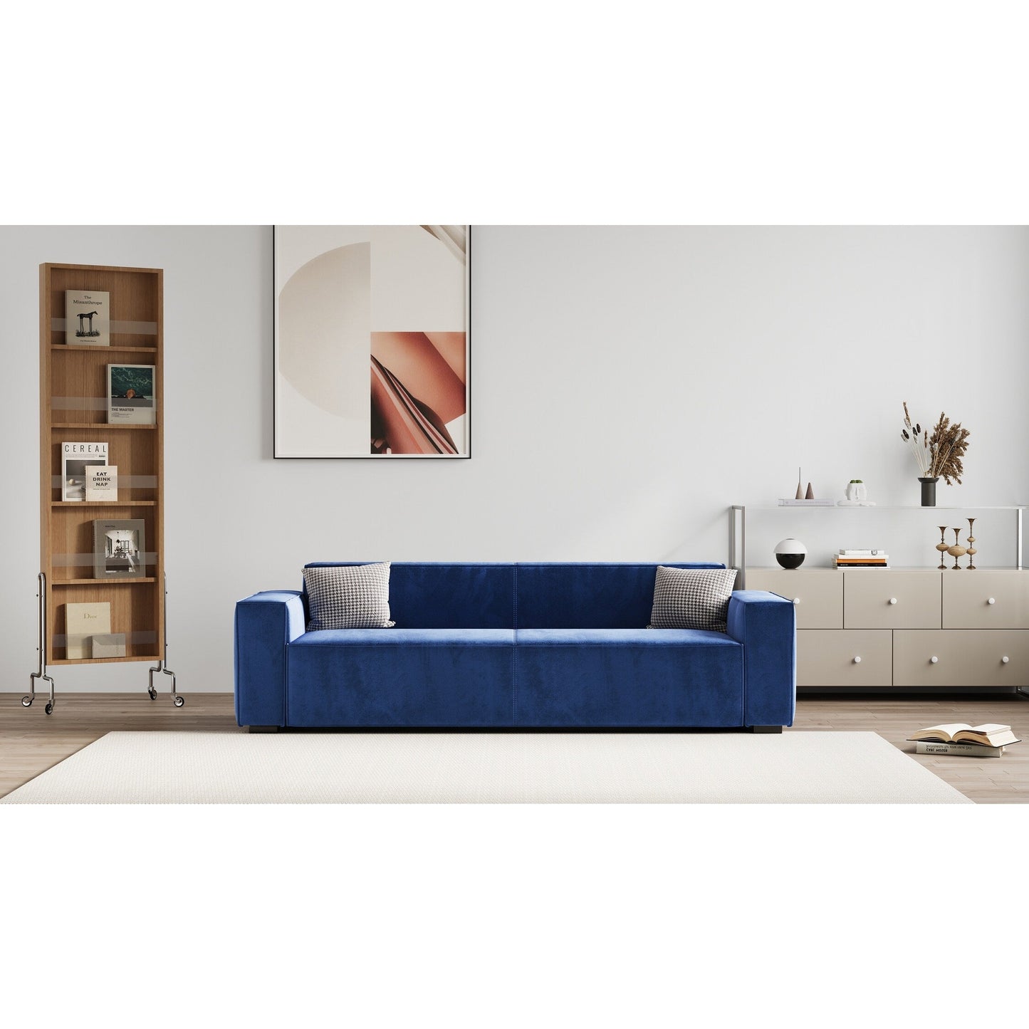 Navy Blue Modern 88.6 Chenille Loveseat Upholstered Sofa with 4 Solid Wood Legs and 2 Pillows for Living Room